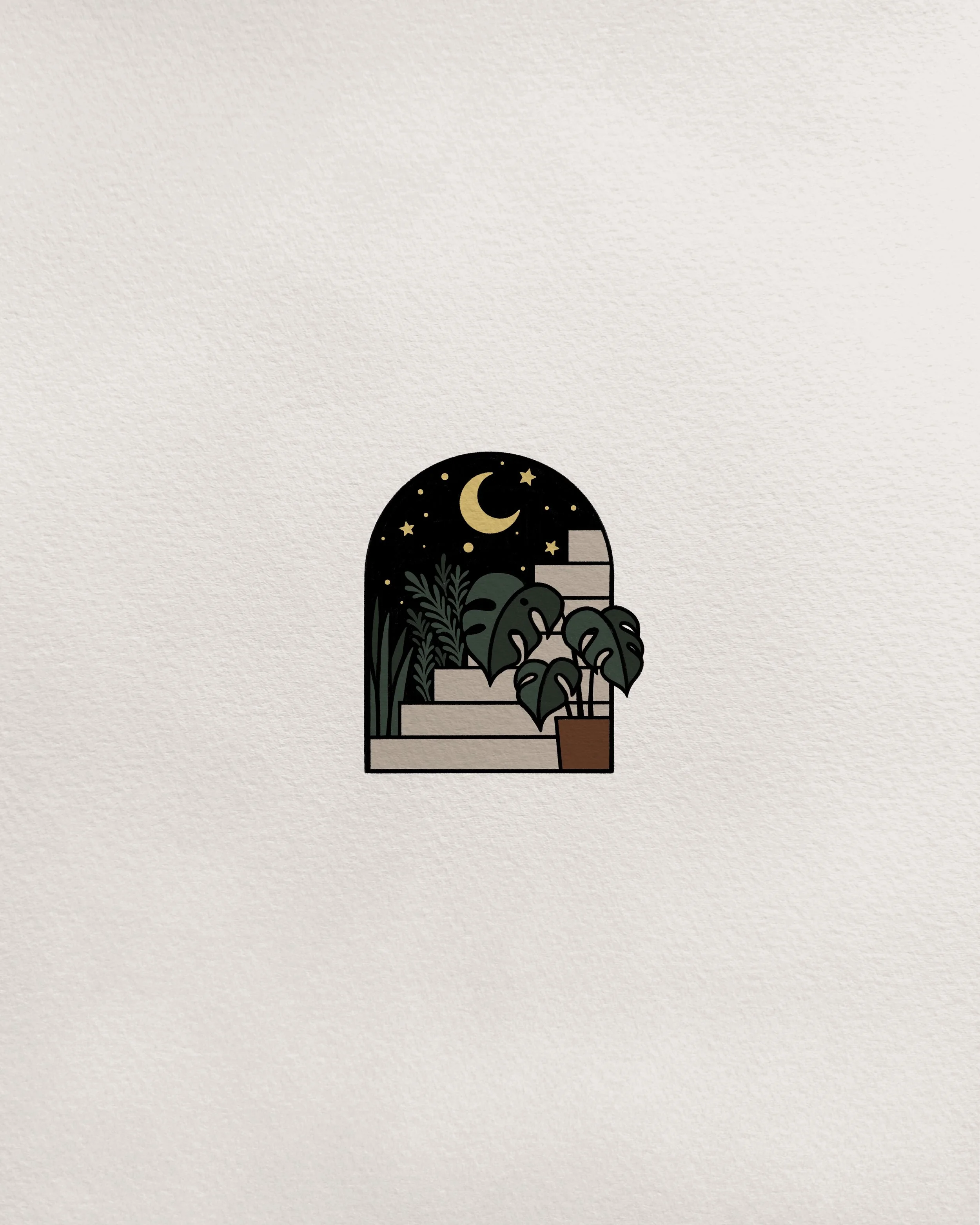 Illustration of plants on stairs viewed through a window with night sky, moon, and stars.