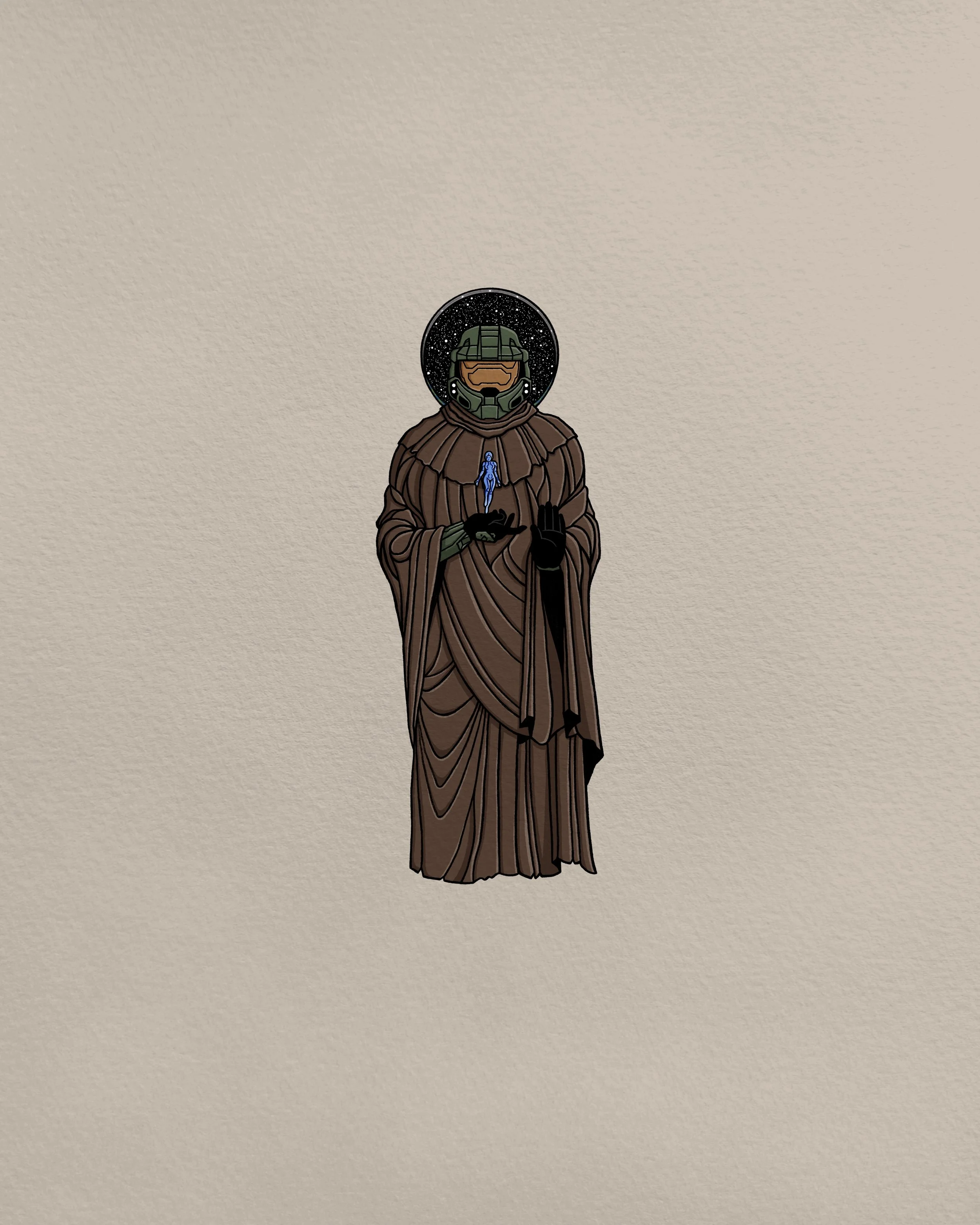 An artistic illustration of a figure resembling a saint or religious icon, with a halo around the head, dressed in a brown robe, holding a small figure of a person and making a gesture with the other hand, against a plain light background.