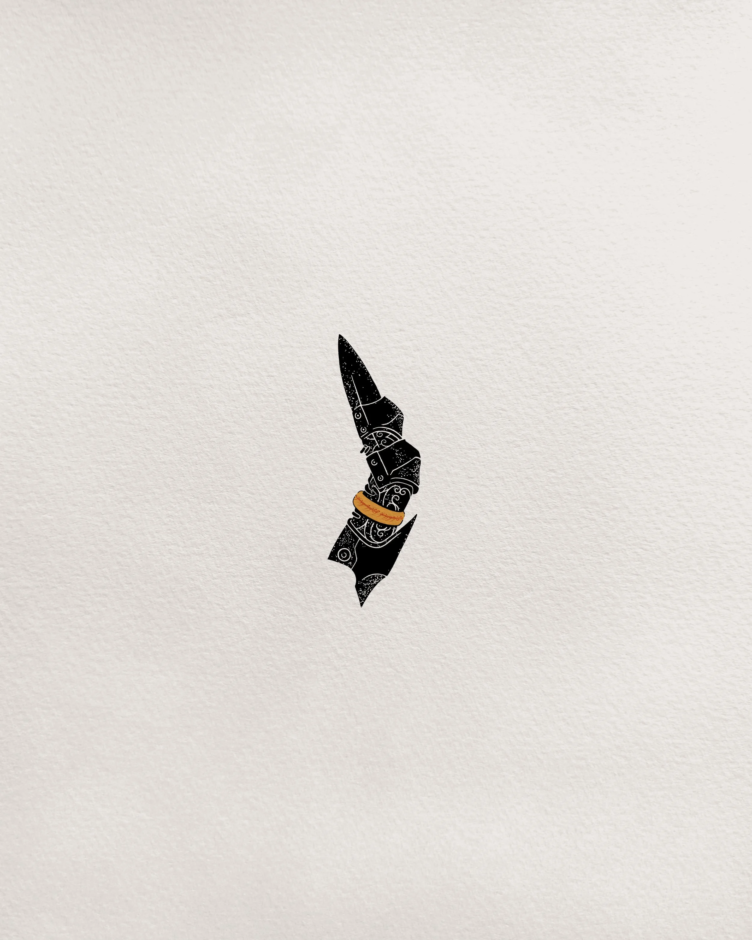 A black tattoo-style dagger with intricate white line patterns and an orange band near the hilt, centered on a light-colored textured background.