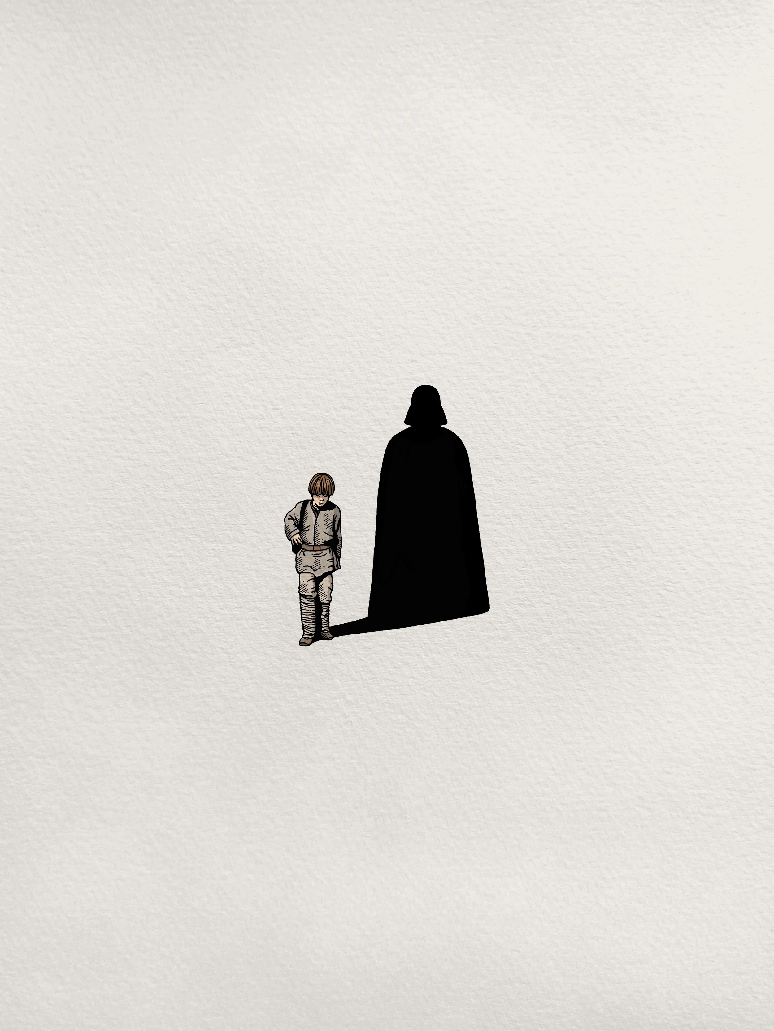 A small boy with a backpack standing in front of a large, shadowy figure resembling Darth Vader, both casting long shadows on a light background.