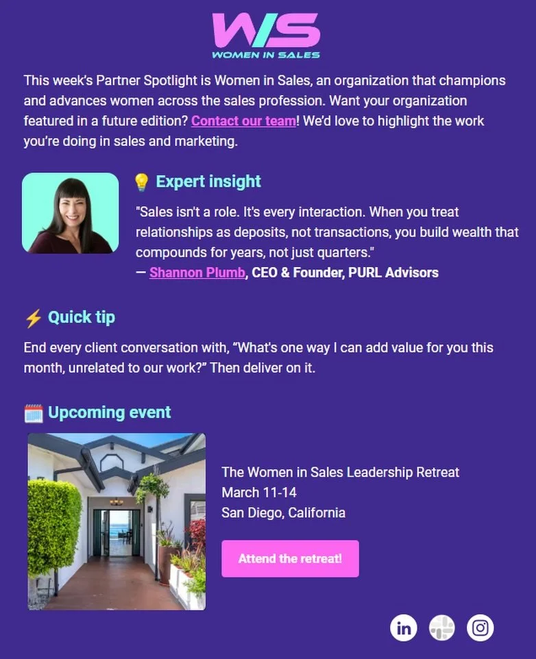 How cool is this?! Women in Sales and our very own Shannon Plumb just got a shoutout in the Selling Signals (by TechnologyAdvice) Newsletter!

Checkout the Selling Signals Newsletter, a free weekly resource that delivers practical sales and marketing