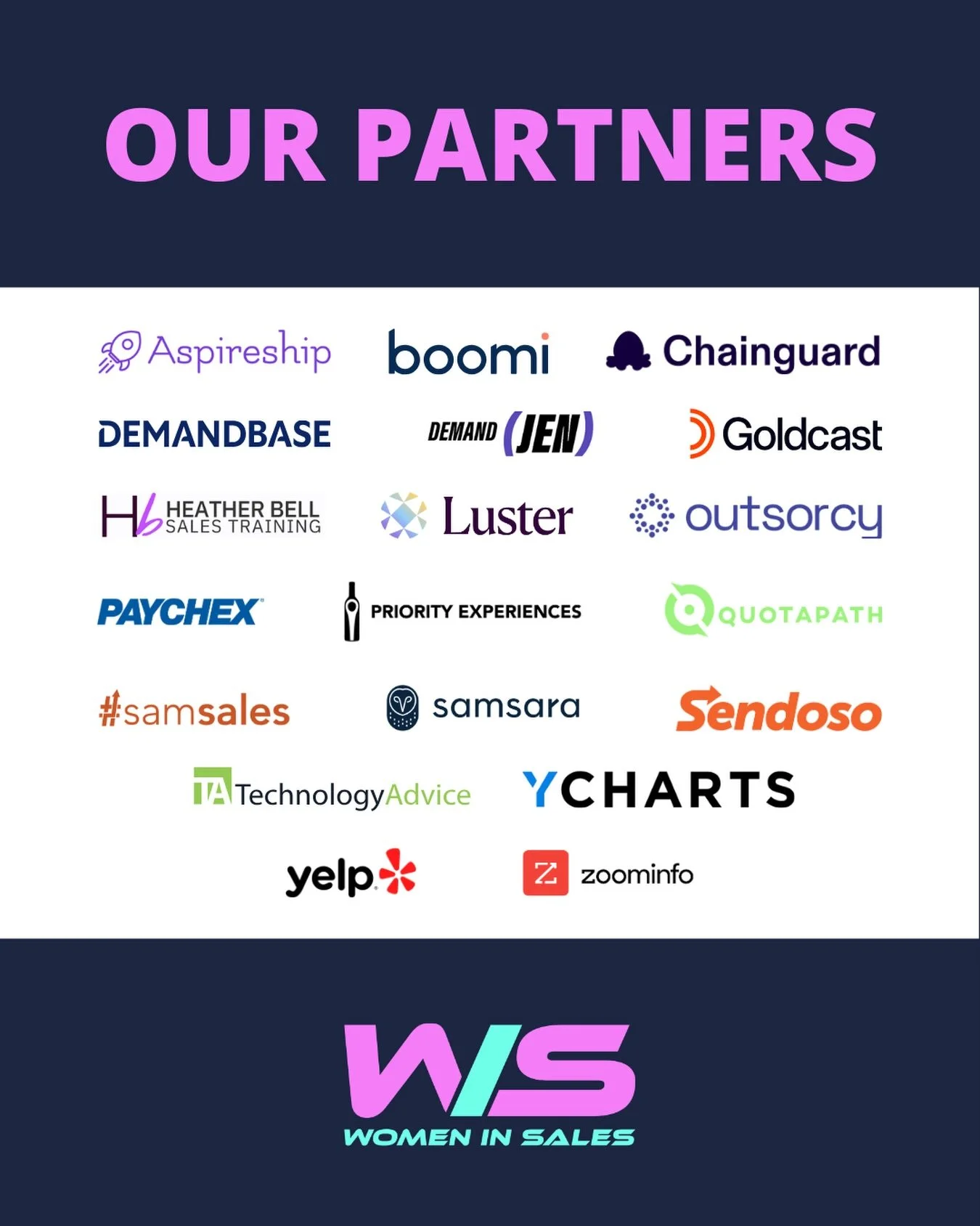 🎉 Introducing the 2026 Women in Sales partner lineup 🎉

✔️ Aspireship
✔️ Boomi
✔️ Chainguard
✔️ Demandbase
✔️ DemandJen
✔️ Goldcast
✔️ Heather Bell Sales Training
✔️ Luster
✔️ Outsorcy
✔️ Paychex
✔️ Priority Experiences
✔️ QuotaPath
✔️ #SamSales
✔️