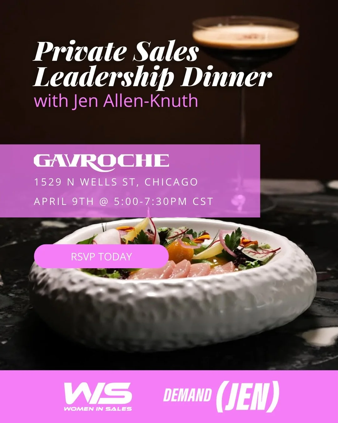 Well, this is a first! We officially SOLD OUT of tickets before we had an opportunity to officially share this event out on social! 

On April 9th, Women in Sales and DemandJen are teaming up for a Private Sales &amp; Sales Enablement Leadership Dinn