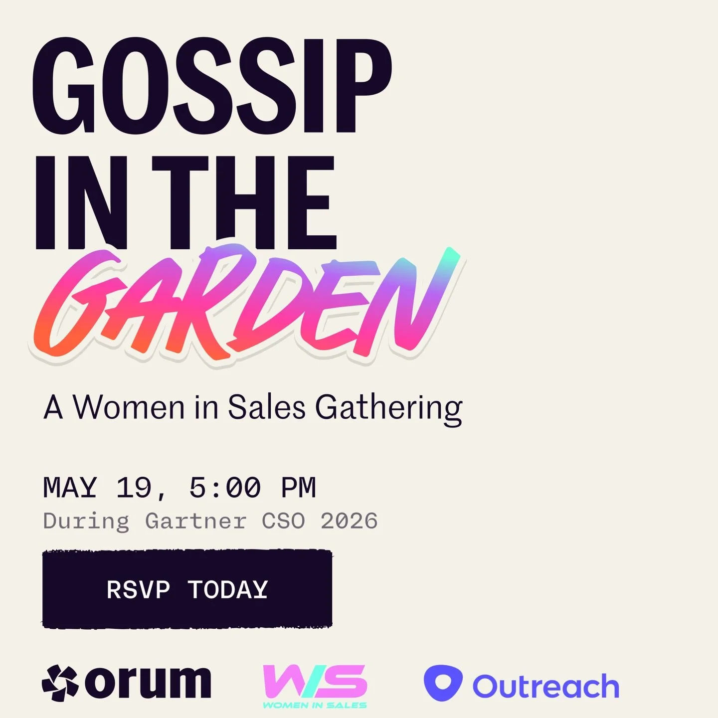 🎰 Our very first Women in Sales Las Vegas event is here!!! Whether you&rsquo;re based in Vegas or in town for Gartner CSO, check out this brand new event! 🎰

The Gartner CSO conference has its agenda. We have ours.

Gossip in the Garden is a privat