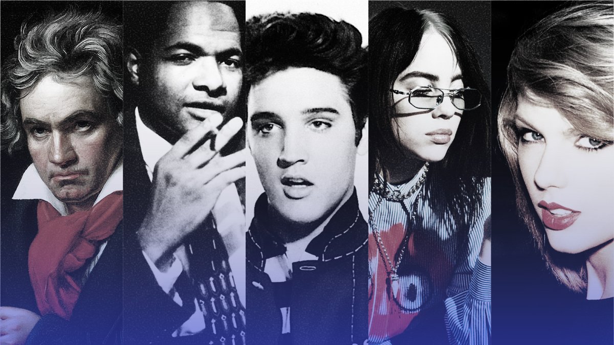 collage of famous musicians from different genres