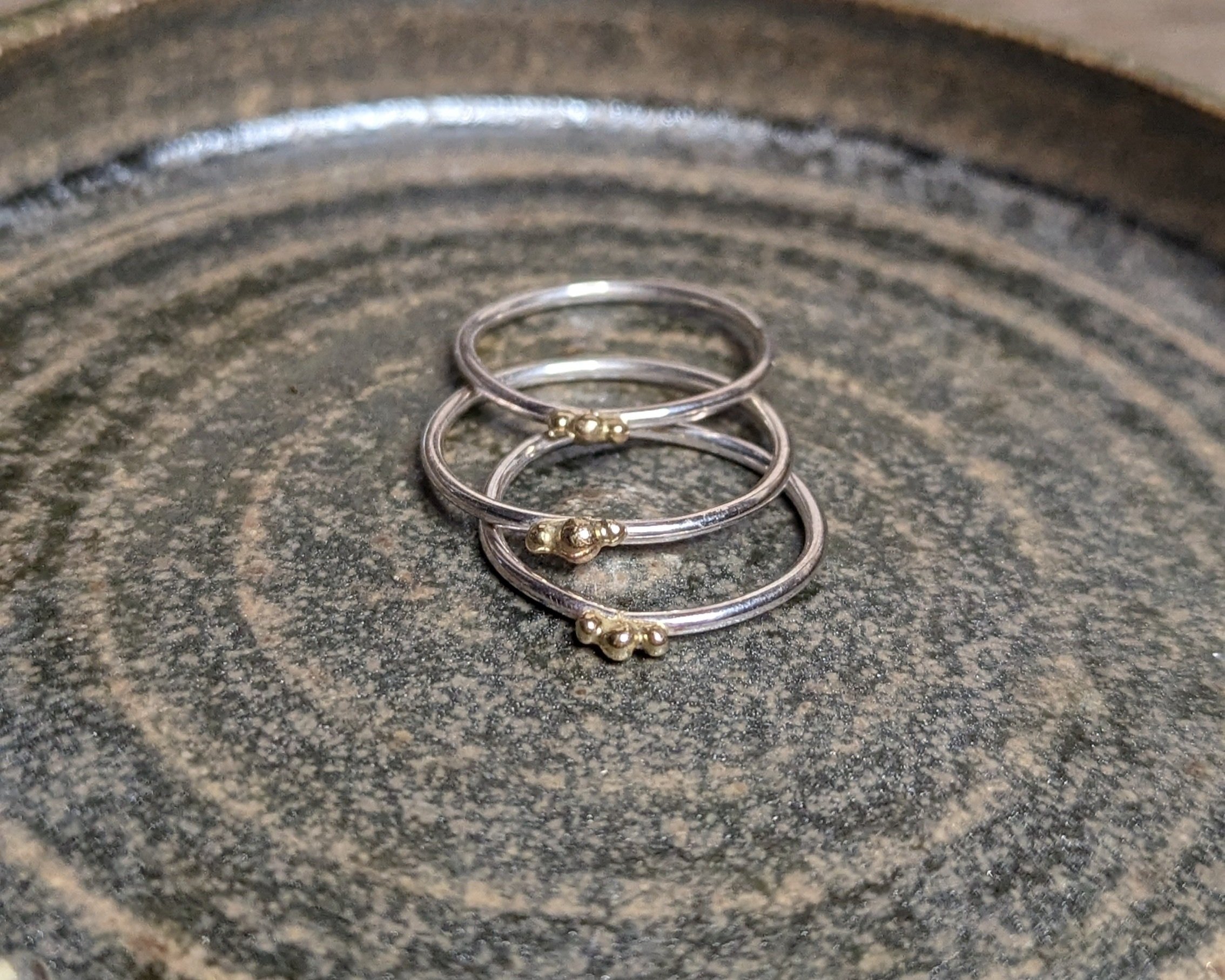 14k Gold Granule Stacking Ring with Sterling Silver Band