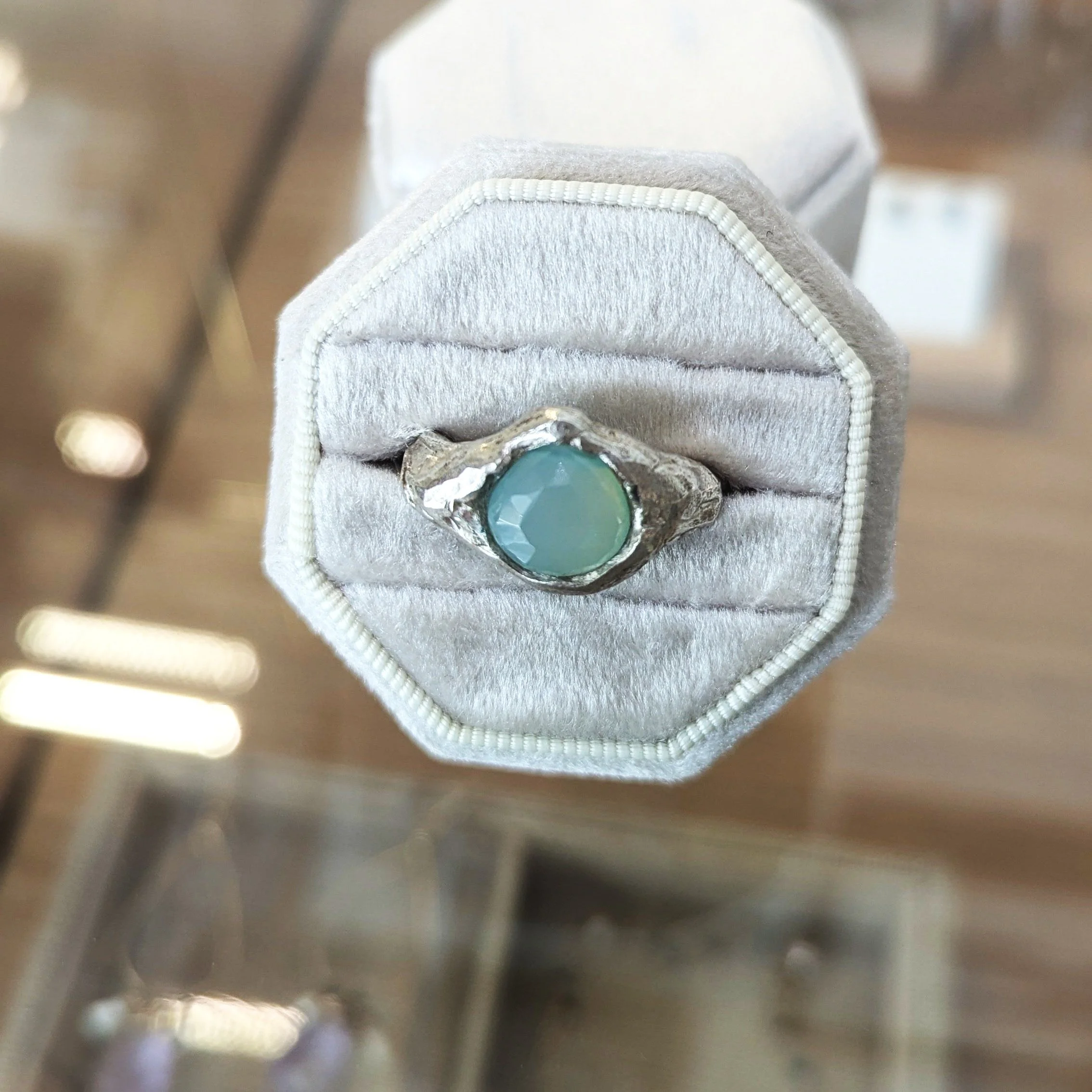 Sterling Silver Chaldoney Ring with Aqua Chalcedony – Hand-Carved Wax Original (Size 9)