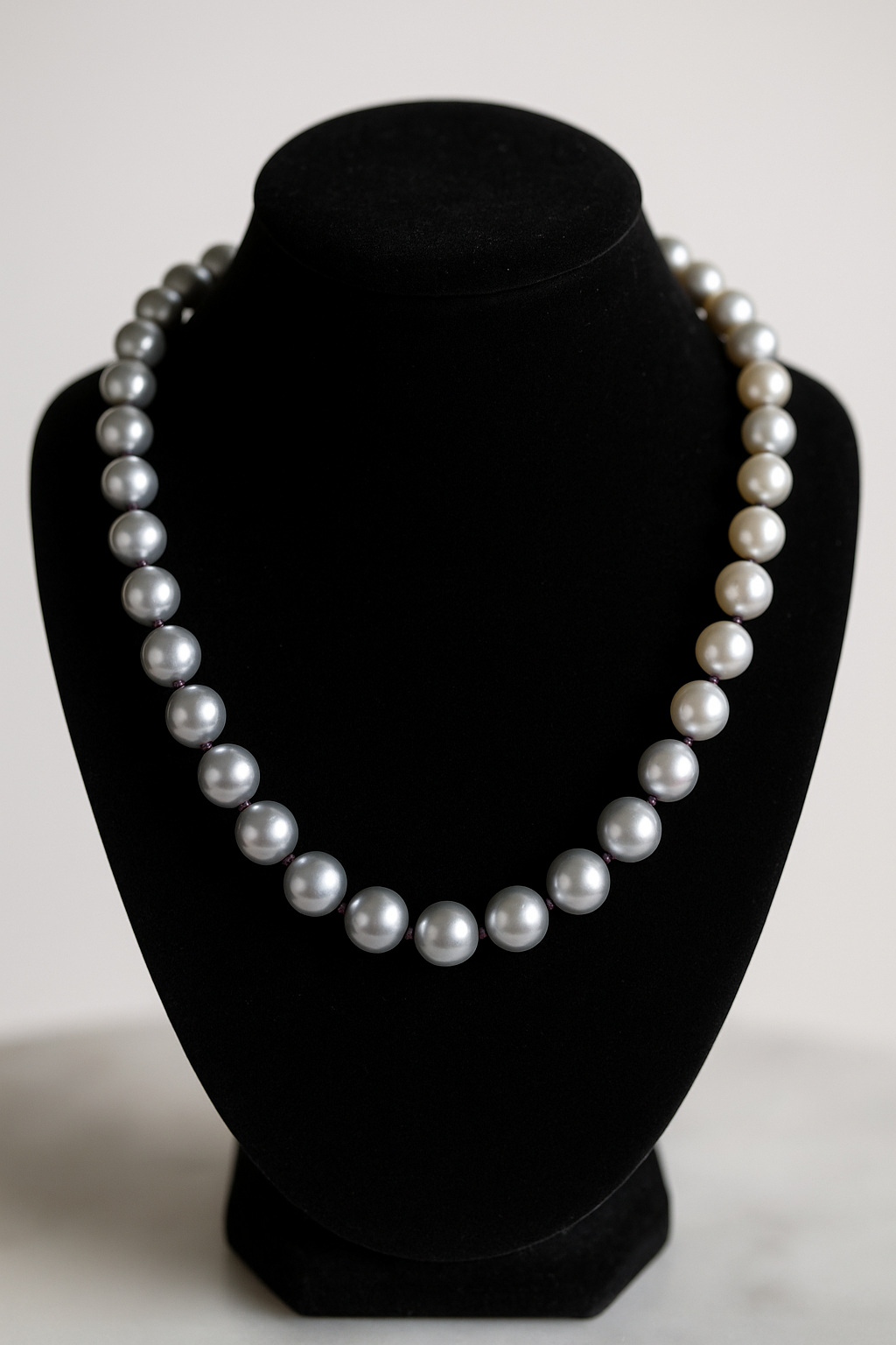 Grey freshwater pearl necklace 25 inches, hand knotted, silver clasp