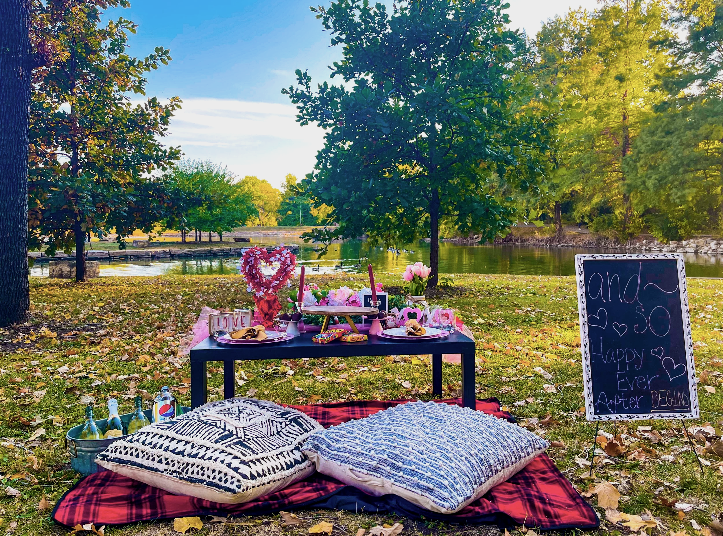 A decorated outdoor table setup in a park with a pink tablecloth, pillows, flowers, and a chalkboard sign that reads 'and so the adventure begins.' Trees and a pond are visible in the background.