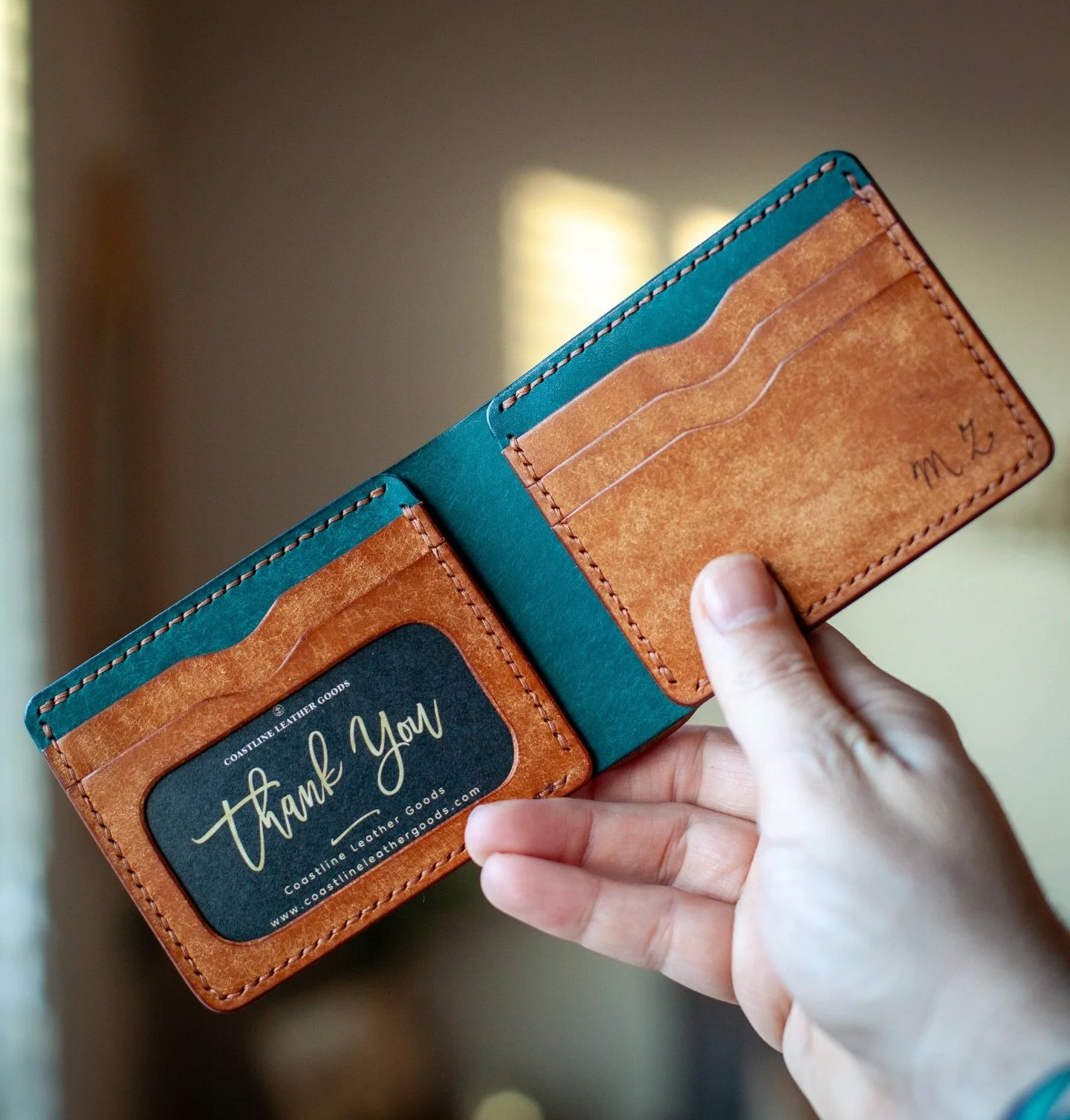 Recent custom bifold with ID slot with hand written initials engraved on the inside card pocket. 

#classicbifold #coastlineleathergoods #bifoldwallet #vegtanleather #puebloleather