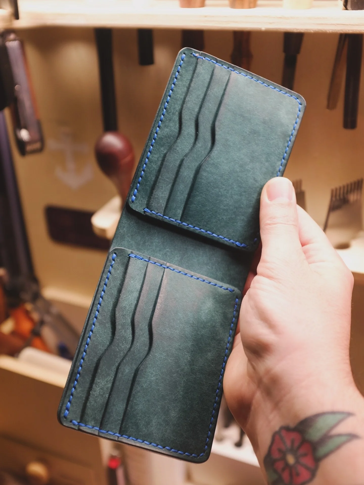 Mailing out this custom classic bifold today. All blue with blue thread and personalization. Free personalization available on the homepage of the coastline website. Link in bio. 

#leathercraft #leatherwallet #leather #handmade #madeintheusa
