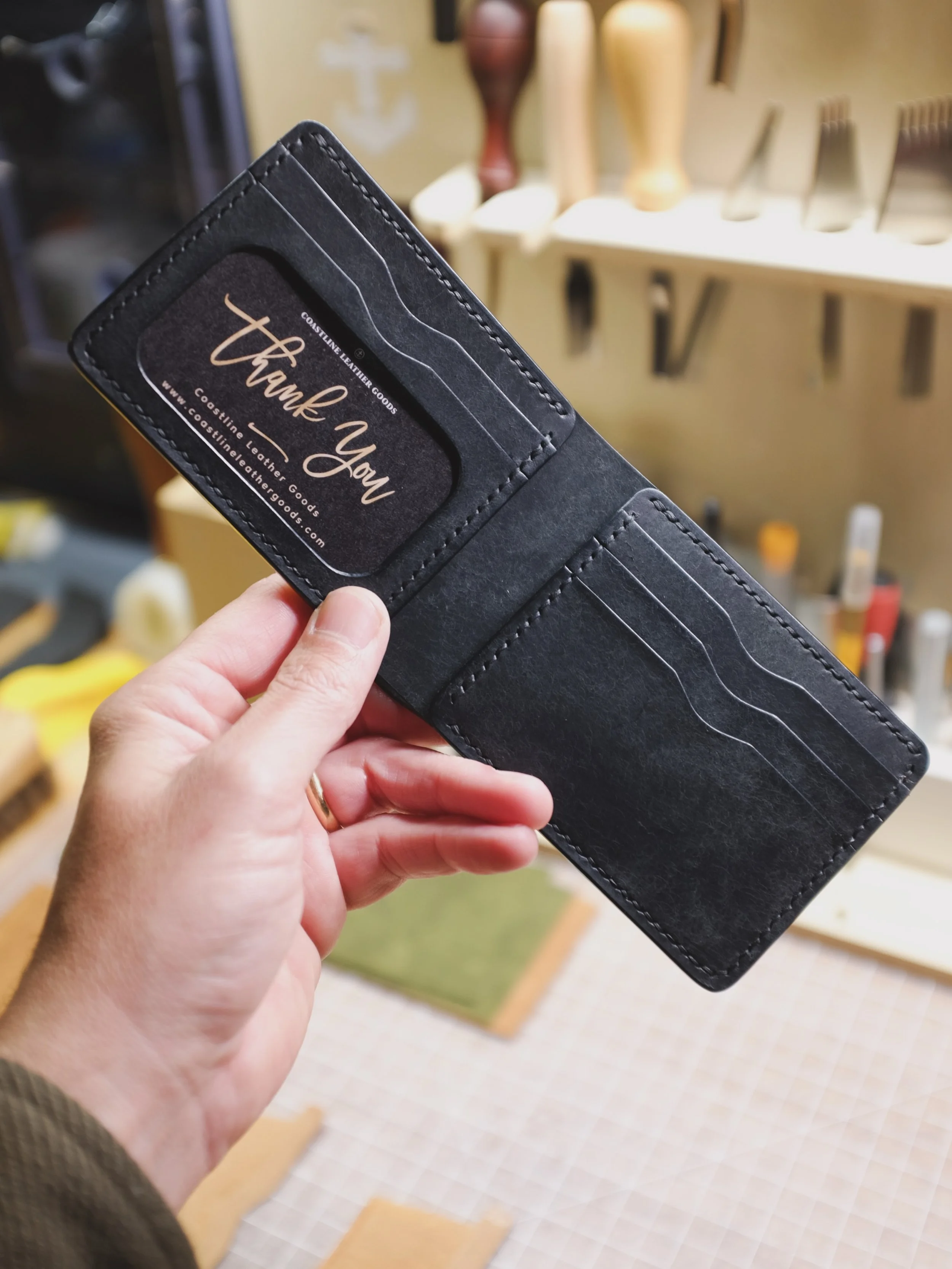 Practice custom wallet. All-black Italian Pueblo leather with an ID slot. Hand-stitched. 

#leathercraft #handmade #handstitch #handmadegoods #customwallet