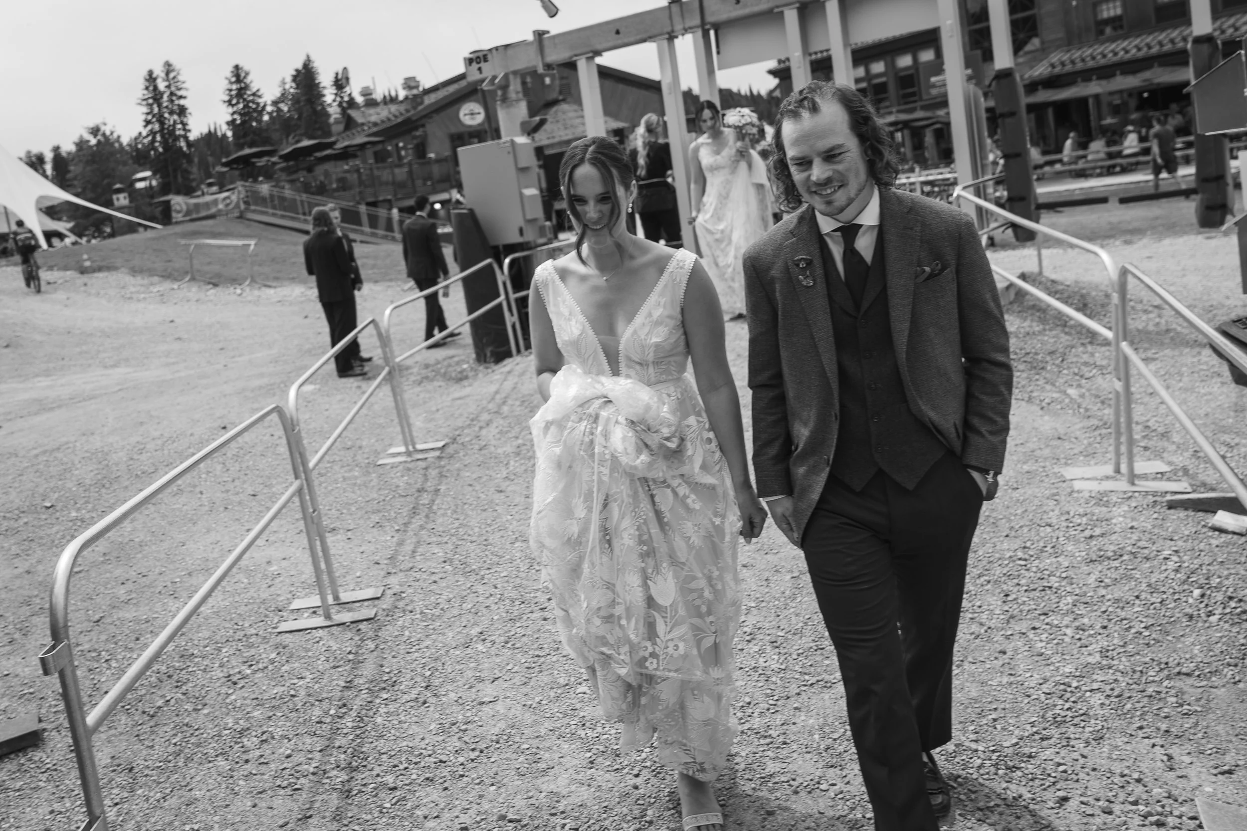 Grand Targhee Resort, documentary style wedding photography, bride and groom in line to catch lift up to the top of the resort