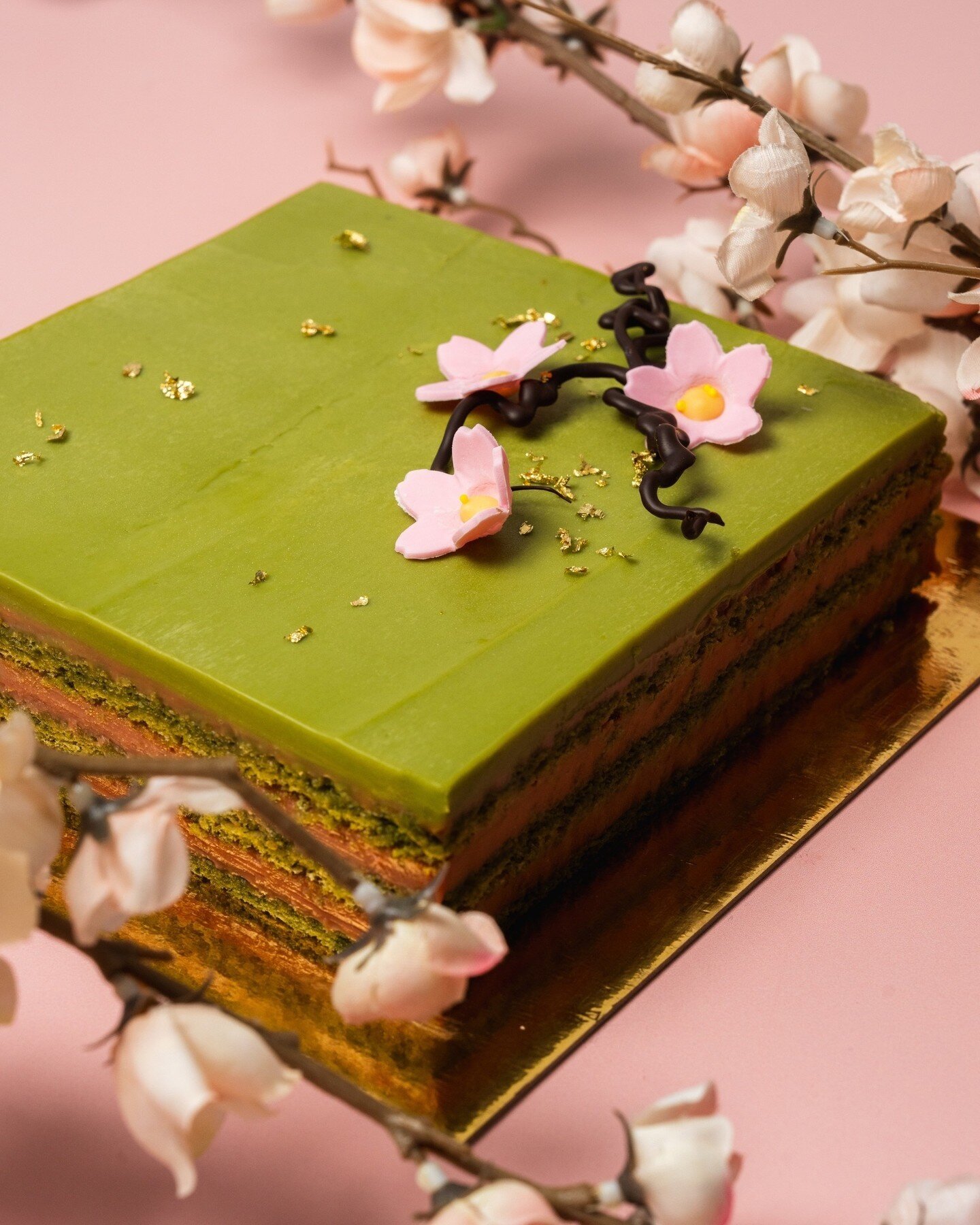 A seasonal take on a classic opera cake for cherry blossom season ~ Ichigo Matcha Opera Cake with matcha ganache, strawberry cream, matcha-infused joconde cake.⁠
⁠
Available as a large cake through pre-orders or individual slices at the bakery.⁠
⁠
#y