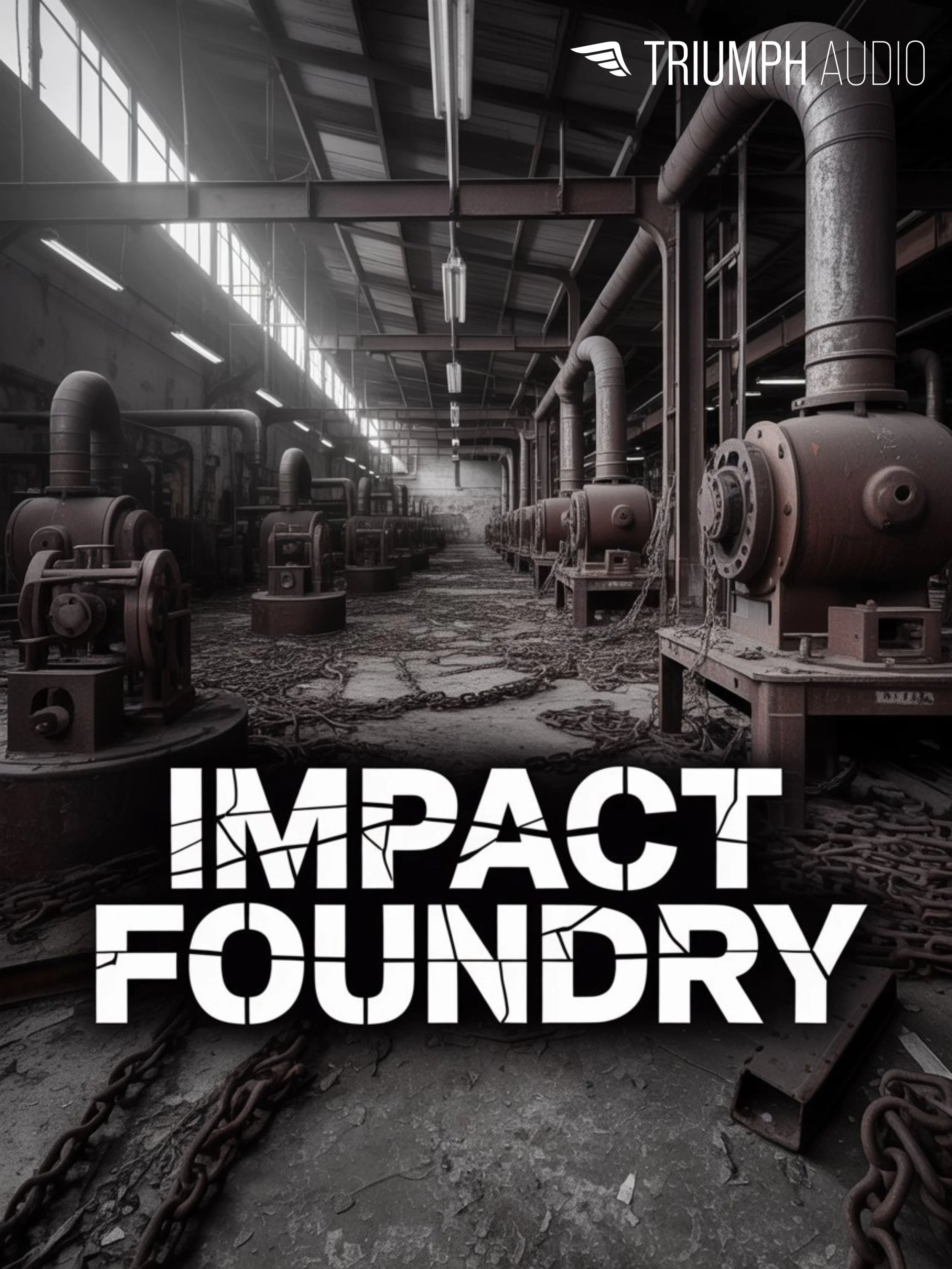 An industrial factory interior with rusted machinery, chains, and pipes, with the overlay text 'Impact Foundry' and a 'Triumph Audio' logo.
