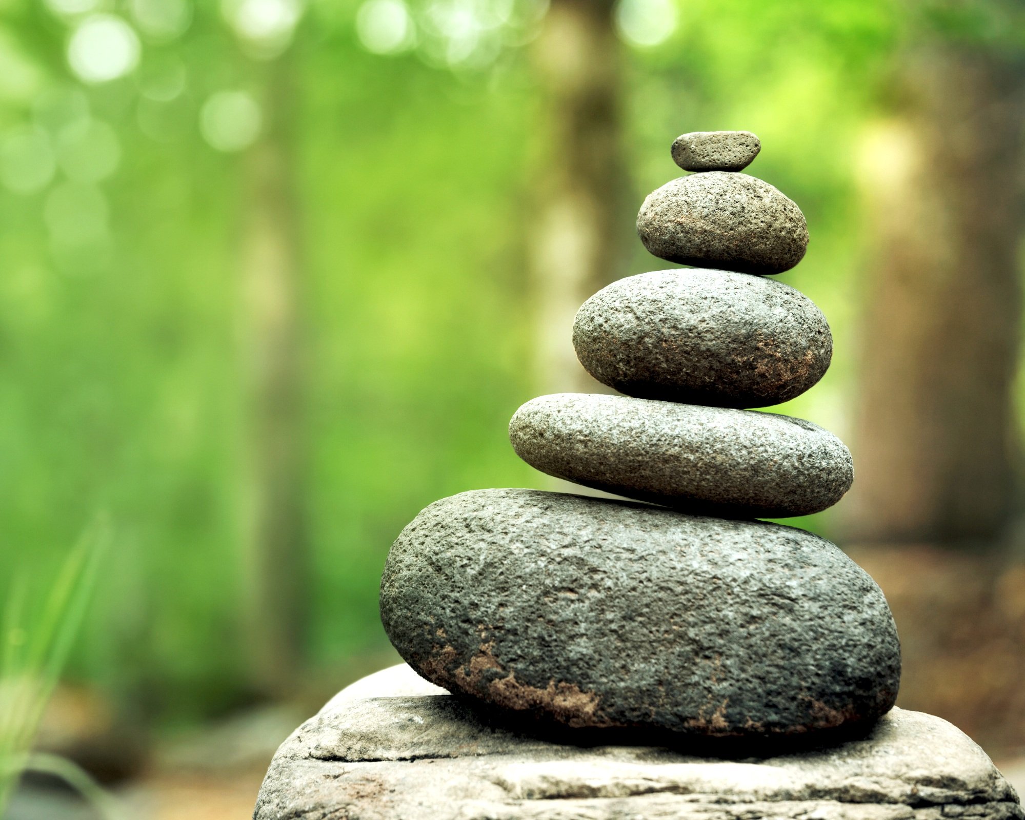 A stack of five smooth, rounded stones balanced on top of each other in a lush green outdoor setting.