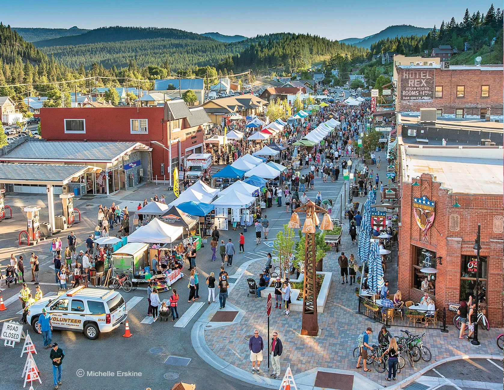 Downtown Truckee street closed for a summer evening street fair with live music.