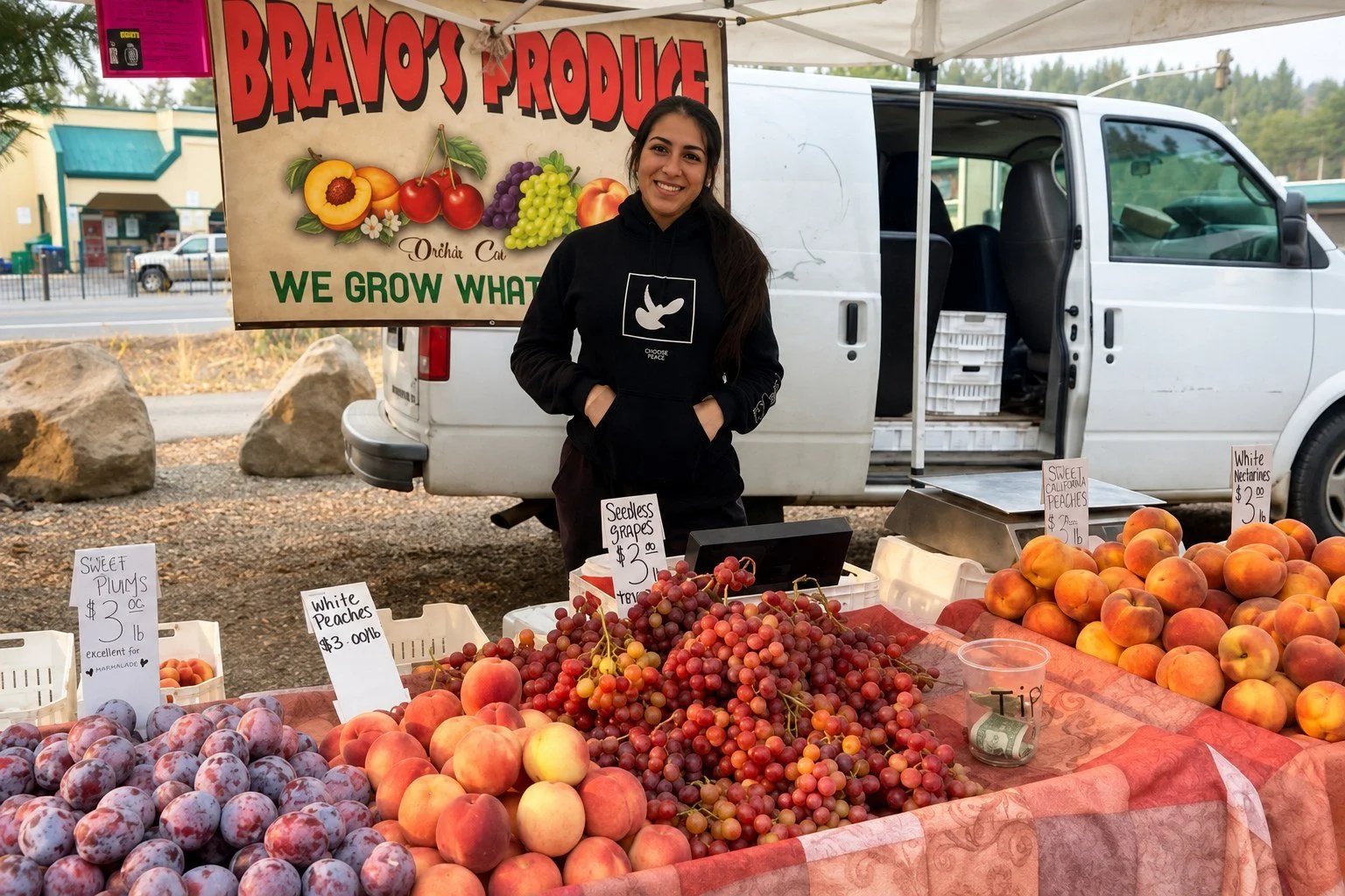 Vendor stalls and shoppers at the Truckee Certified Farmers Market at Truckee River Regional Park.