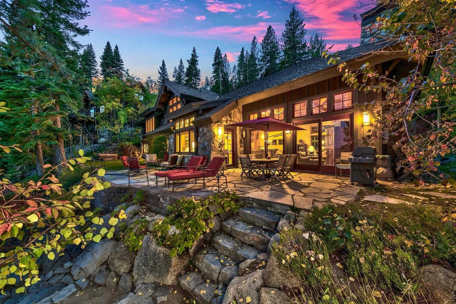 Exterior patio and twilight setting at 8747 Lakeside Dr in Rubicon Bay, per the listing.