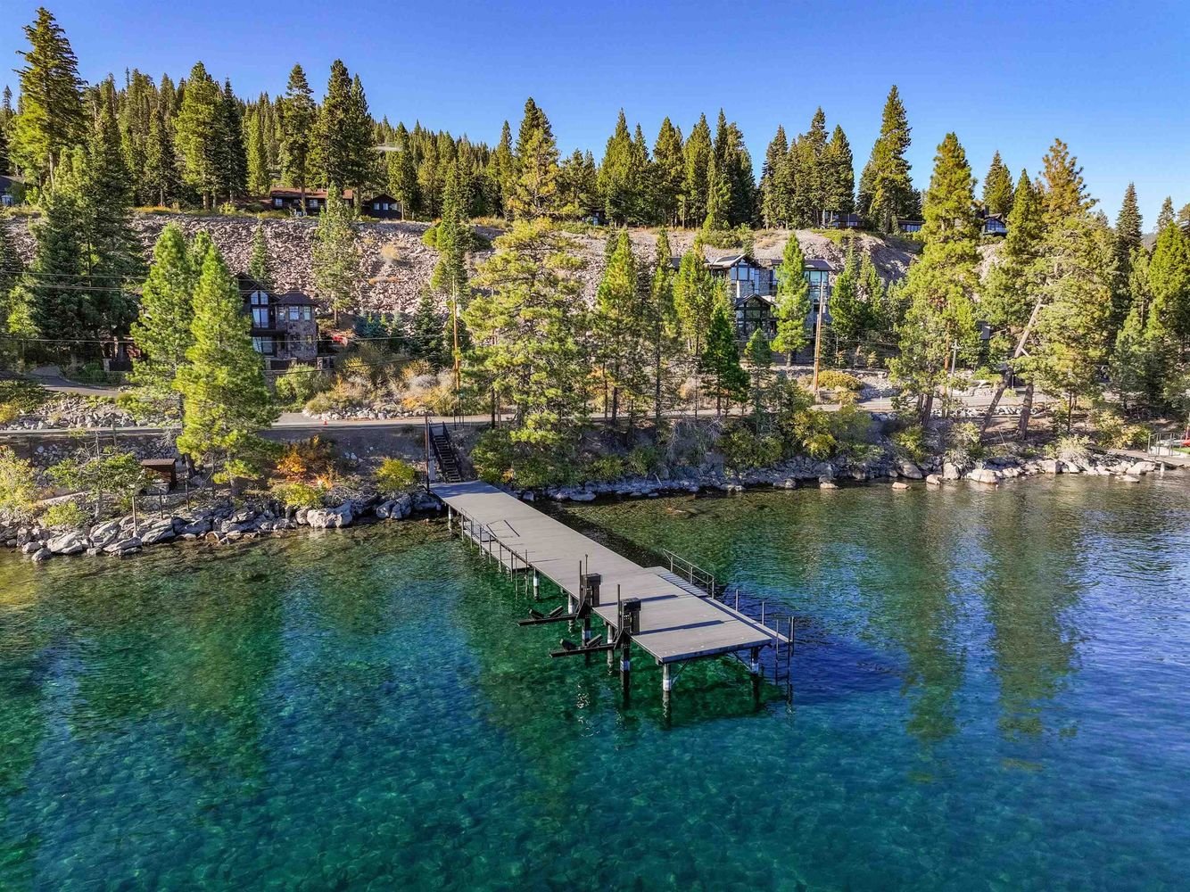Lake access and pier setting at 200 Rim Dr in Tahoe Vista, per the listing.