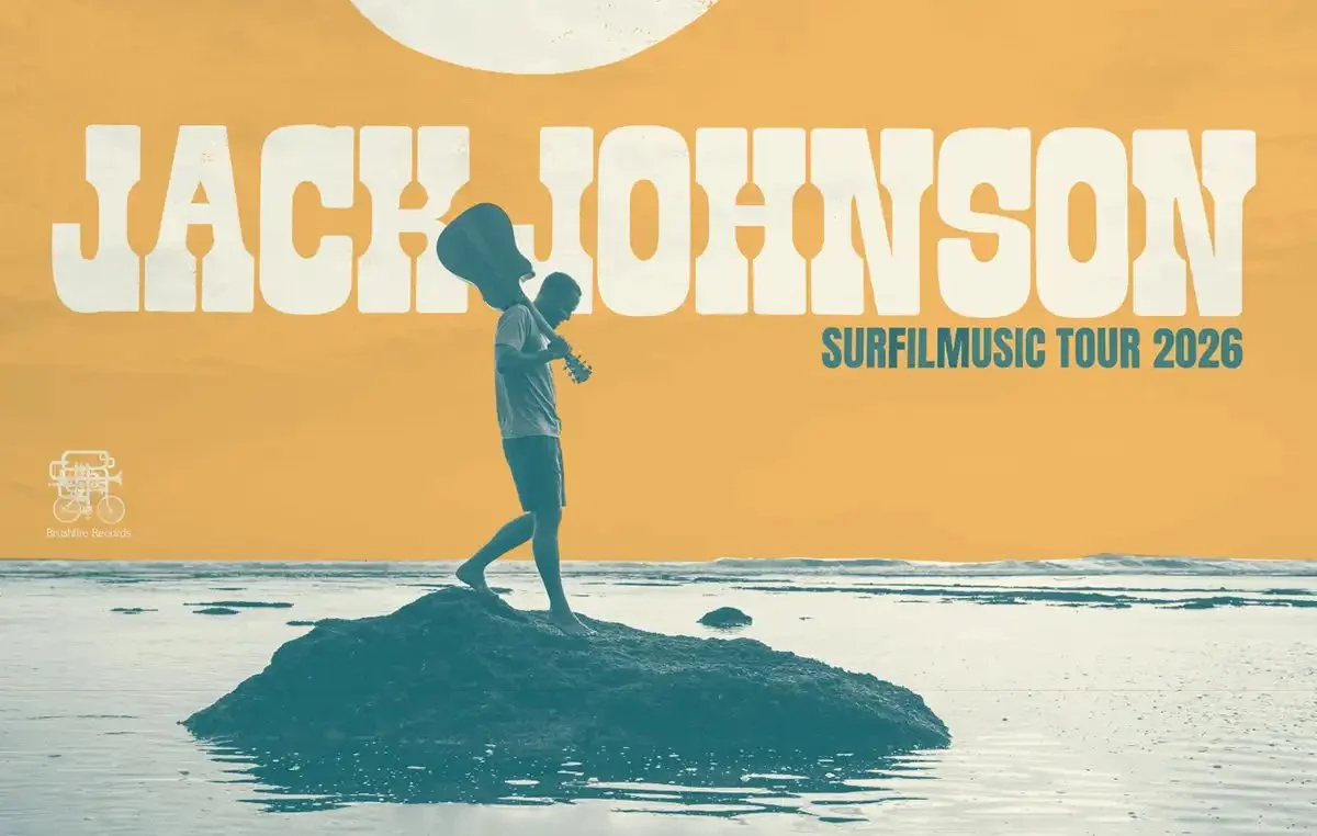 Jack Johnson SURFILMUSIC Tour 2026 artwork showing him walking barefoot with a guitar beside the ocean.