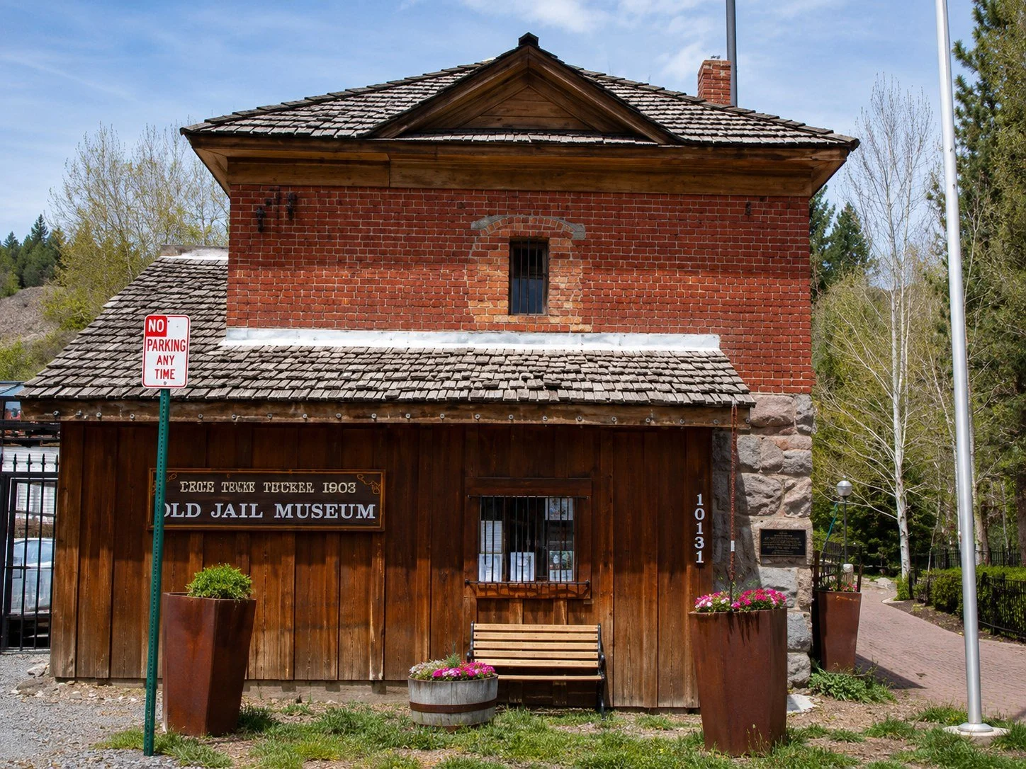Exterior of the historic Old Truckee Jail Museum building in downtown Truckee.