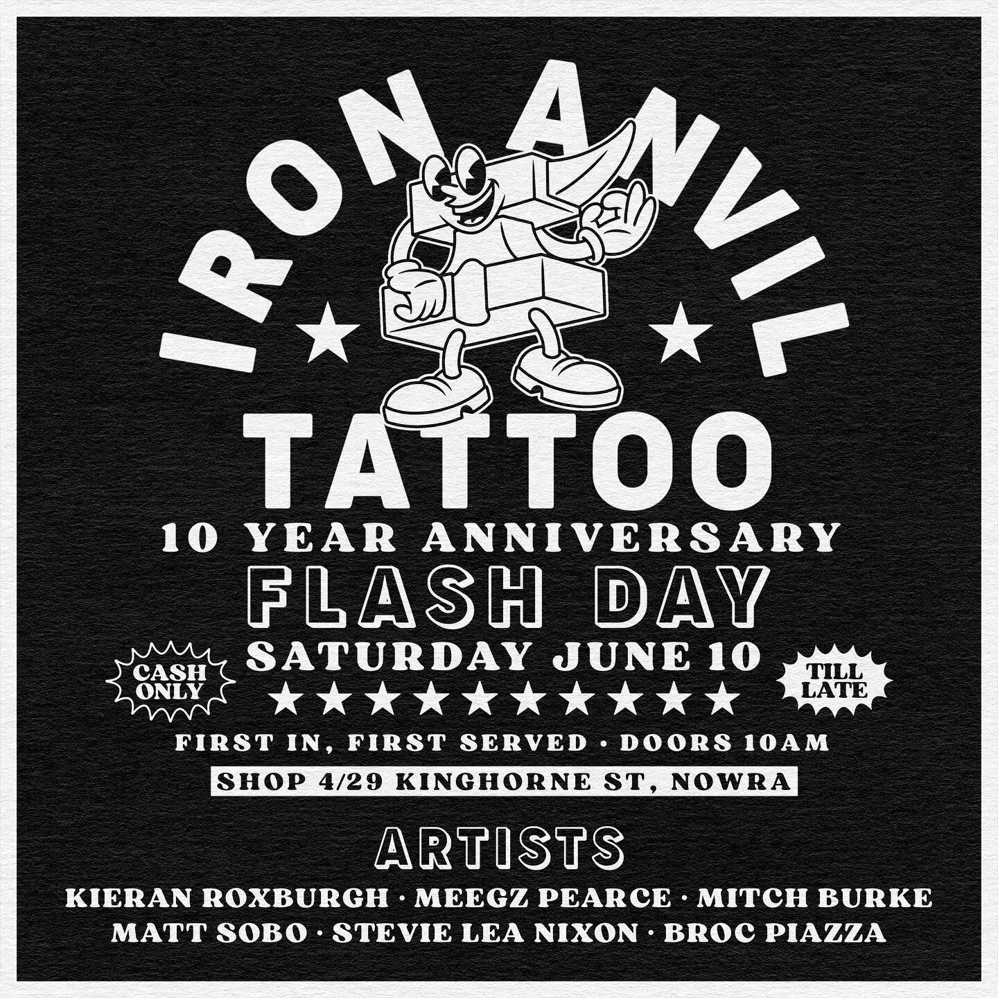 We are super excited to announce that we will be holding a flash day on Saturday the 10th of June to celebrate a decade of IRON ANVIL!

We also have our good friends @gemstone.tattoo and @spicymalonetattoo joining us for the special occasion. 

We ho