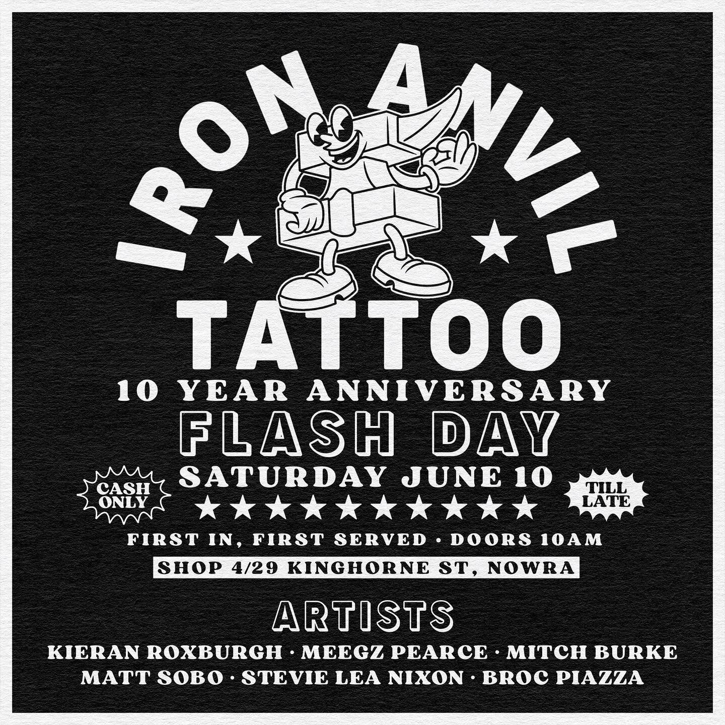 We are super excited to announce that we will be holding a flash day on Saturday the 10th of June to celebrate a decade of IRON ANVIL!

We also have our good friends @gemstone.tattoo and @spicymalonetattoo joining us for the special occasion. 

We ho