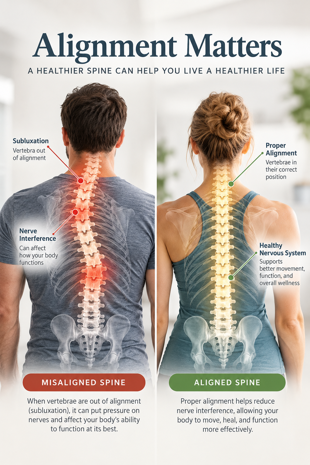 An infographic depicting a male with a misaligned spine and a female with an aligned spine, with text and graphic overlay