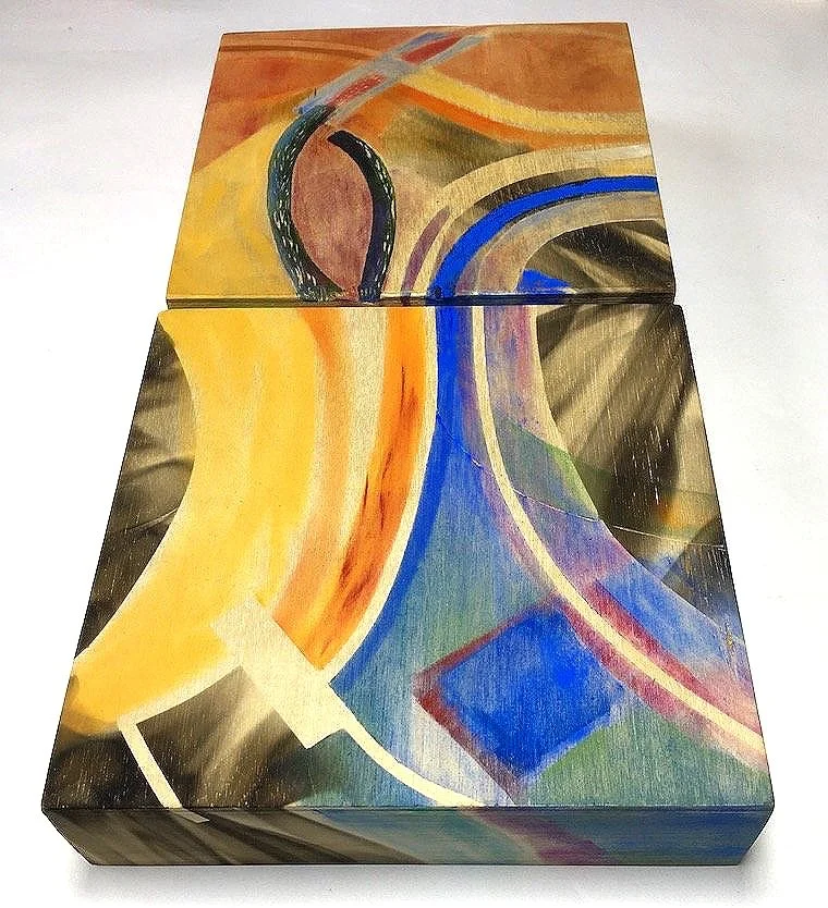 '4 corners unravel 10 a/b,'  diptych of two wood panels 6 in x 6 in pastel smoke carving 