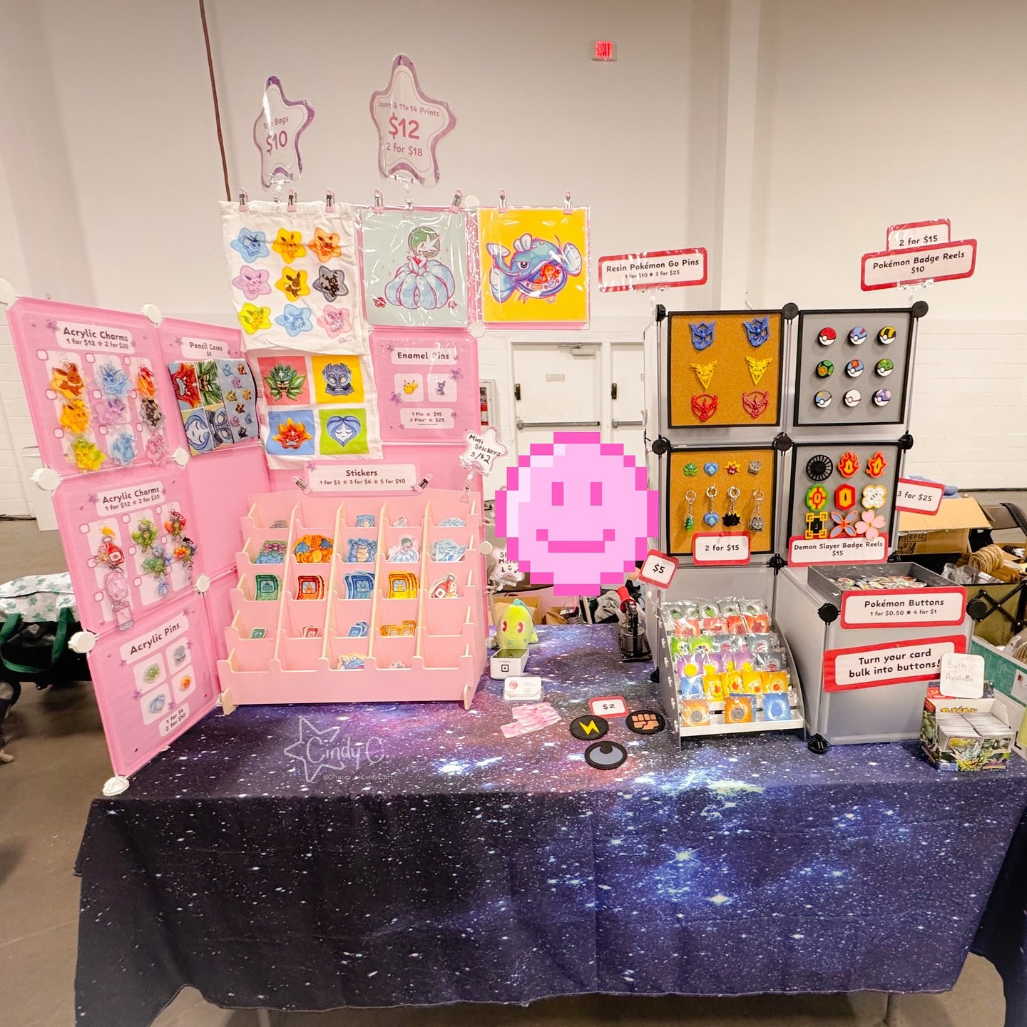 Our table setup from yesterday’s @liquidgames.co Pokemon market.✨ Thank you everyone who visited and bought our wares!❤️🤍 And I think we may have found our ideal setup - it just a few adjustments for our next show.☺️ Next show is in August!🤩