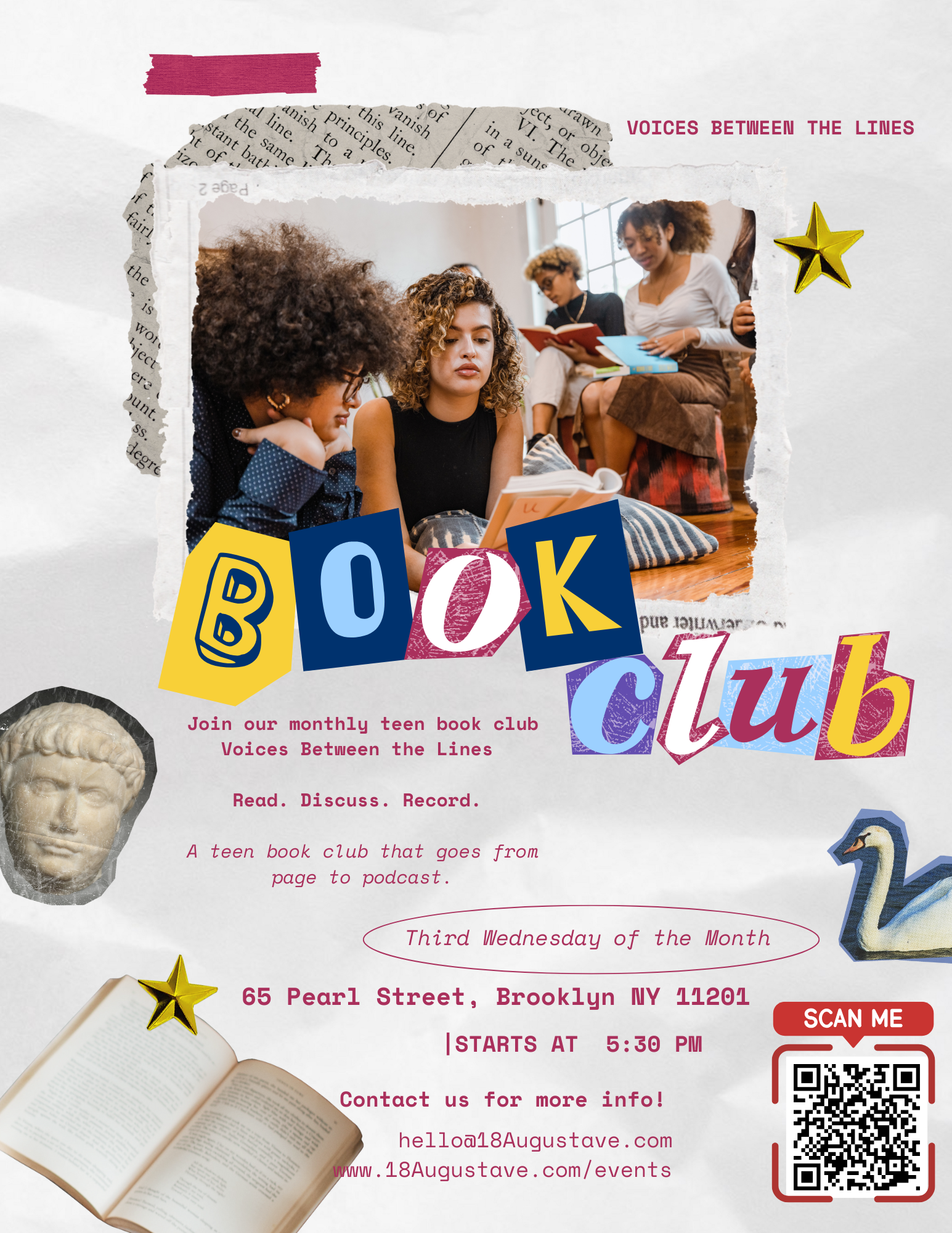 Poster for the 'Voices Between the Lines' teen book club, showing four teens reading together, with decorative elements like stars, swan, and torn paper effects, providing event details including date, time, location, and contact information.