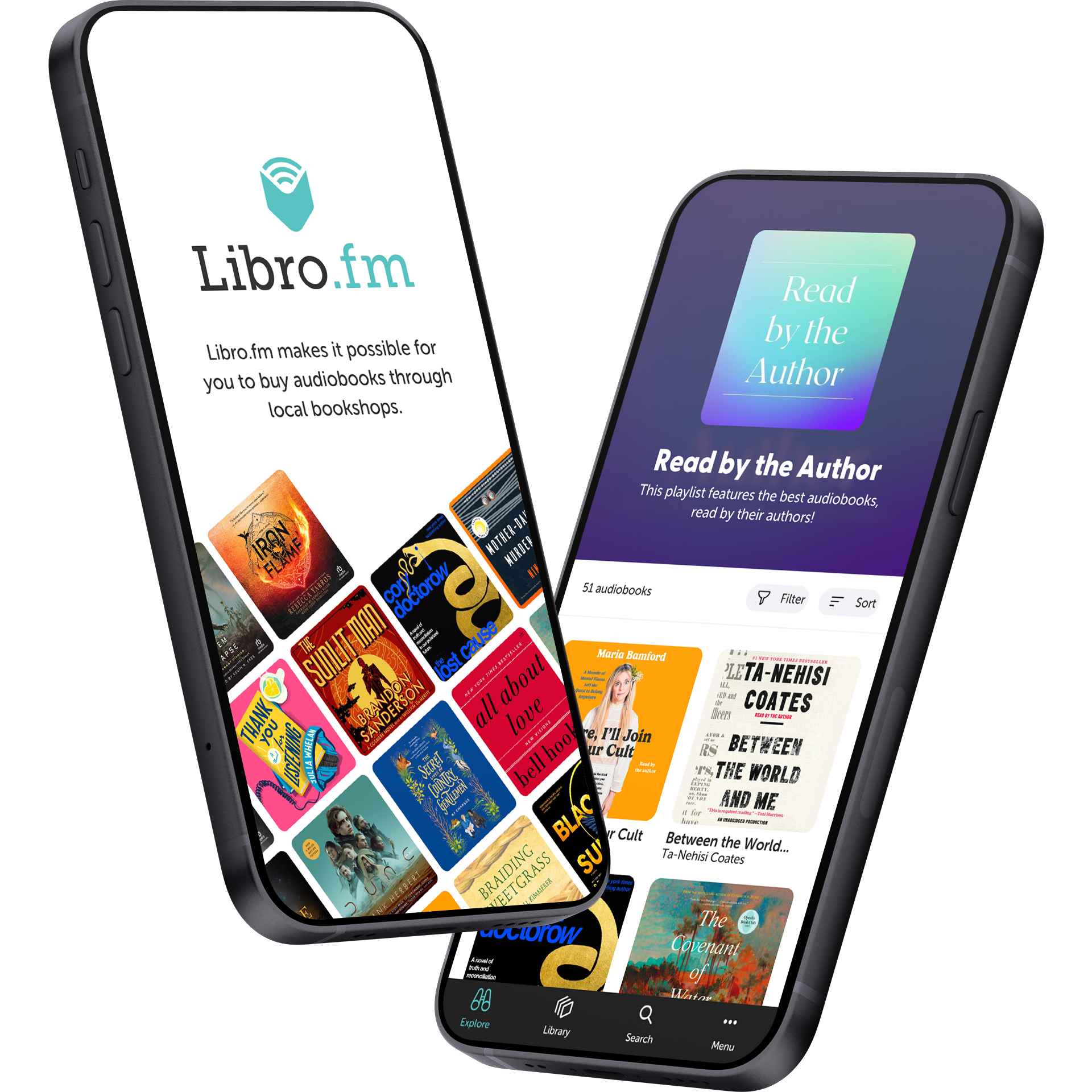 Two smartphones displaying audiobook apps, one showing 'Libro.fm' and the other 'Read by the Author,' with book covers shown on their screens.