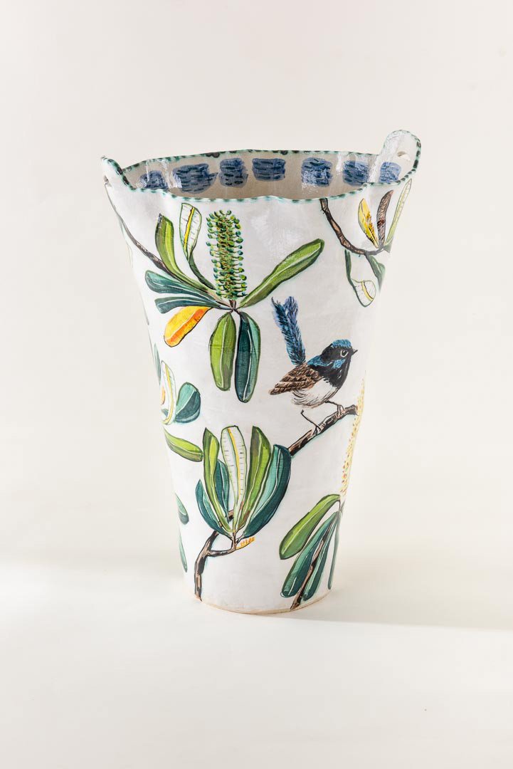 3D Modelled/carved winner - Banksia Integrifolia Vessel with Blue Wren, Fiona Hiscock