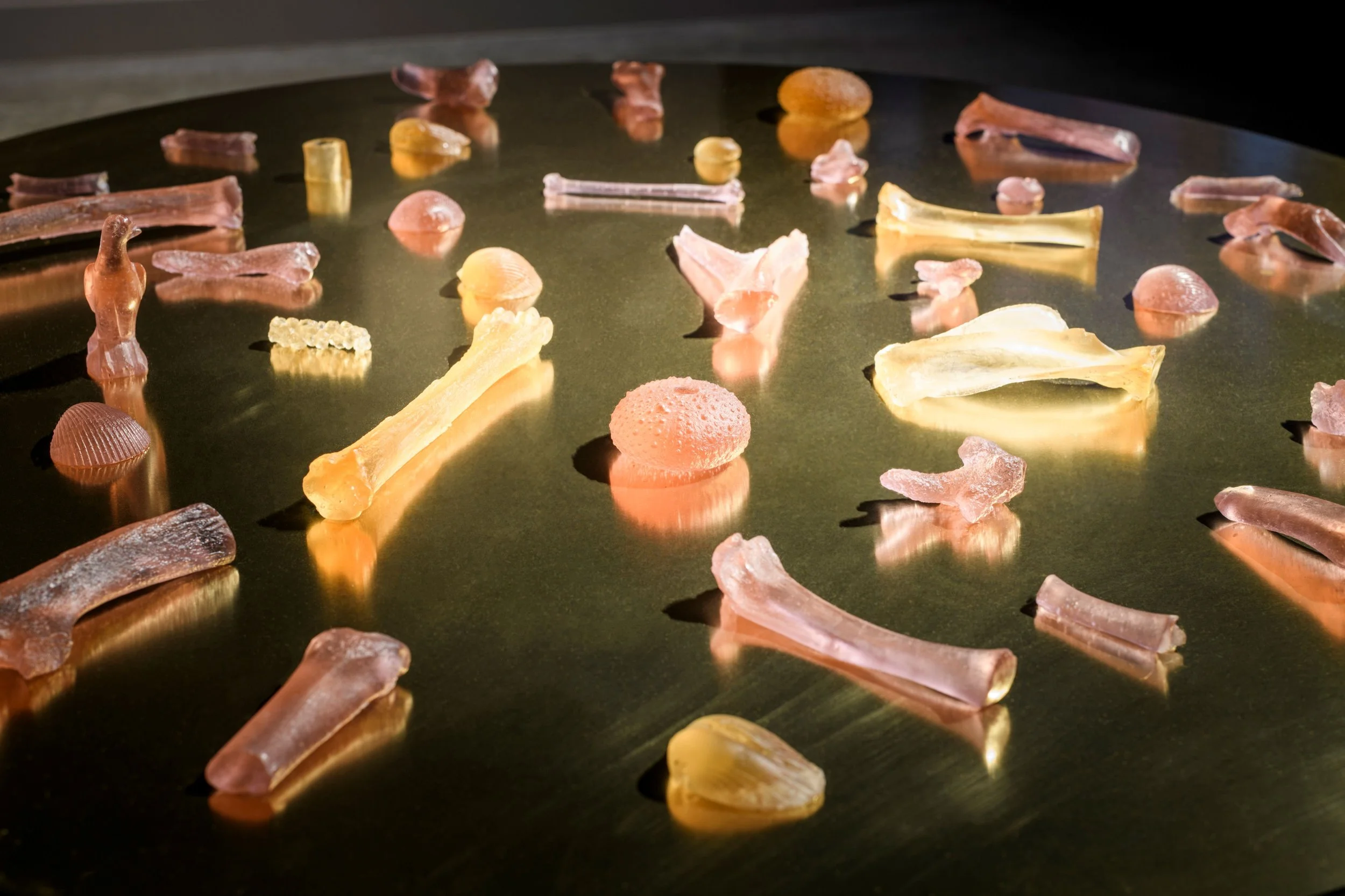 Lucy Quinn "These old bones (ode to my grandmother)" 

Kiln-cast and cold-worked gaffer crystal, brass, table legs

80cm x 80cm $5,500
