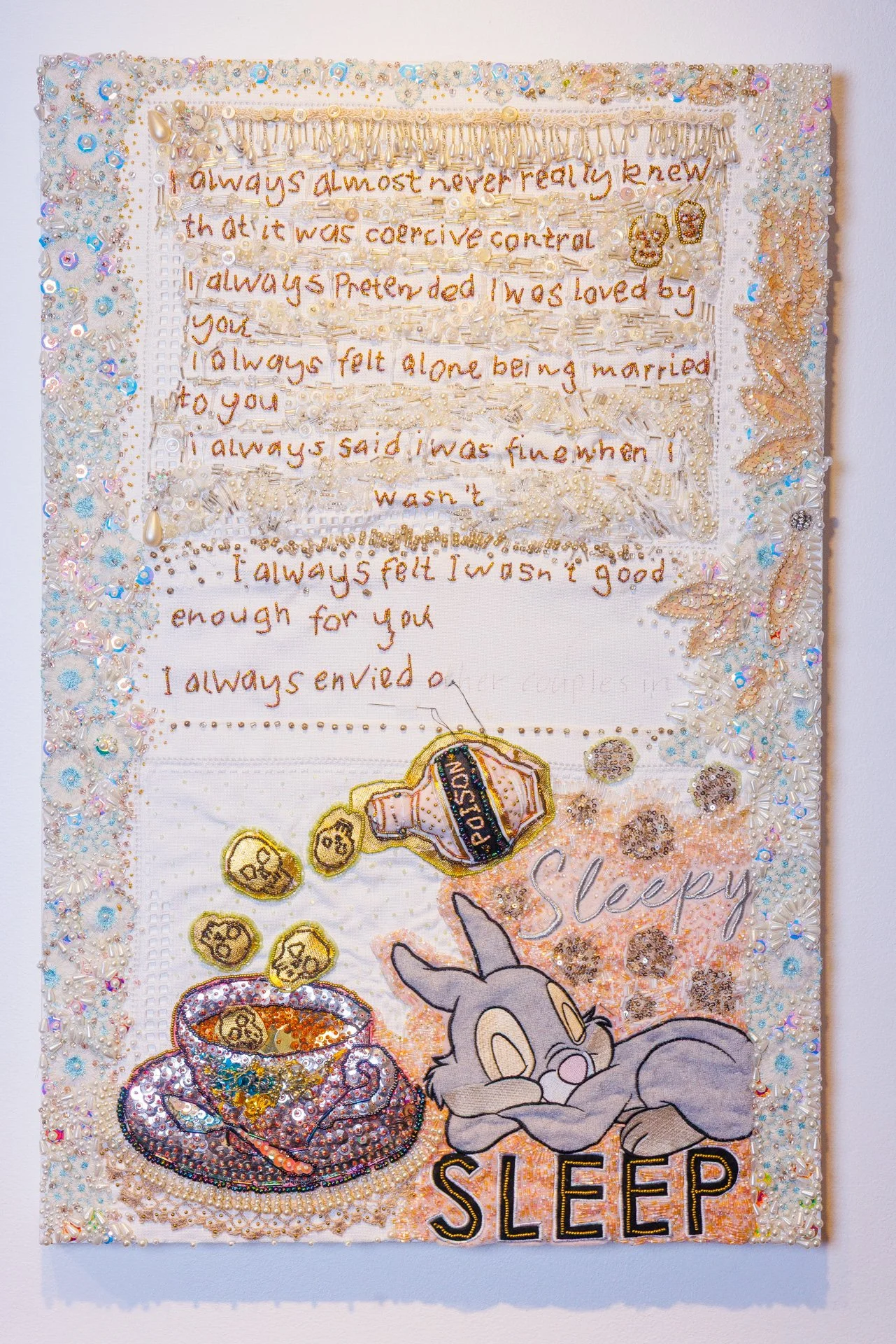 Lisa Ashcroft "I always almost never really knew"

Handstitched fabric, beads, plastic, gold leaf, paint	

70cm x	50cm	$1,500
