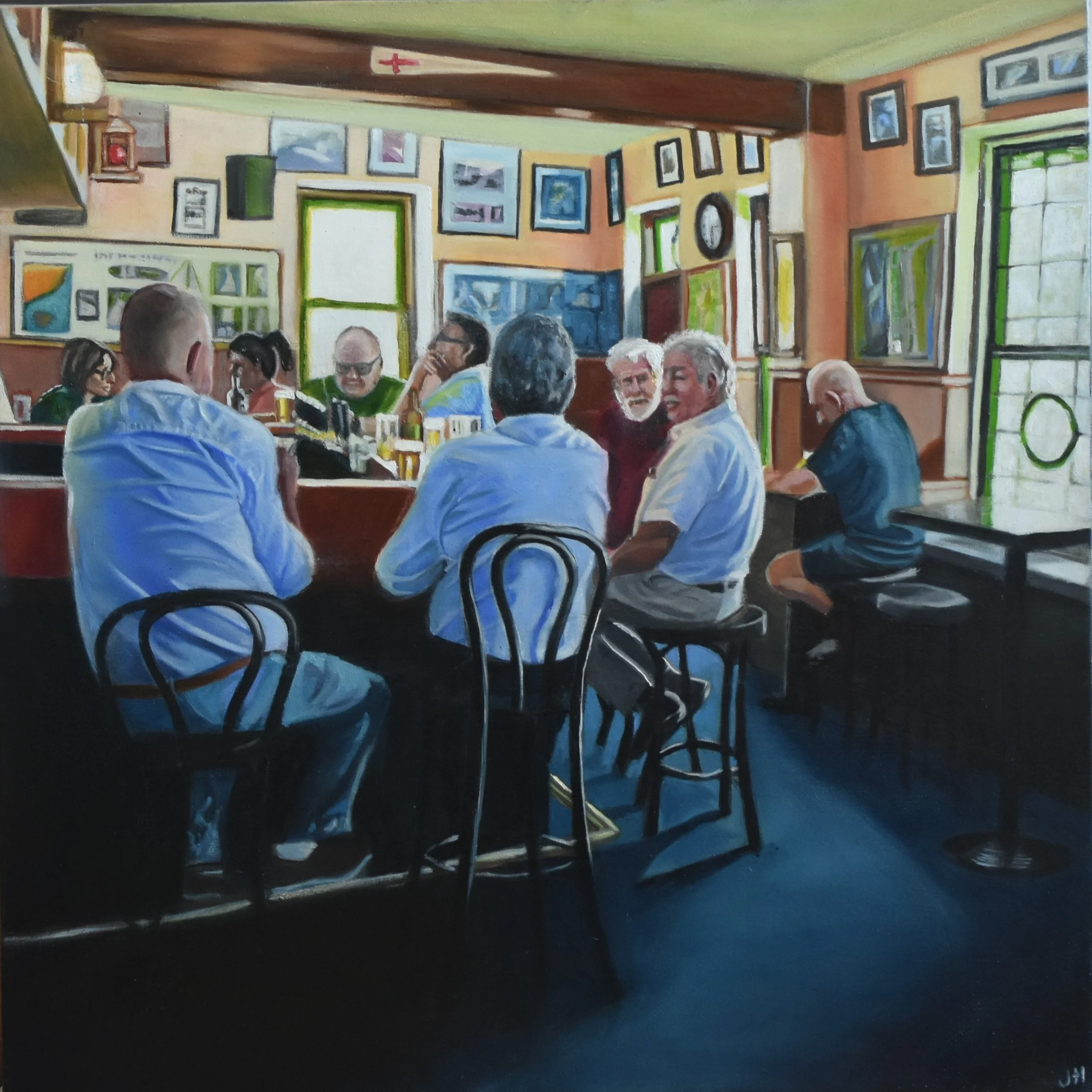 Julie Hobbs	"Shipwright Tales" 

Oil on canvas

49cm x 49cm $1,850
