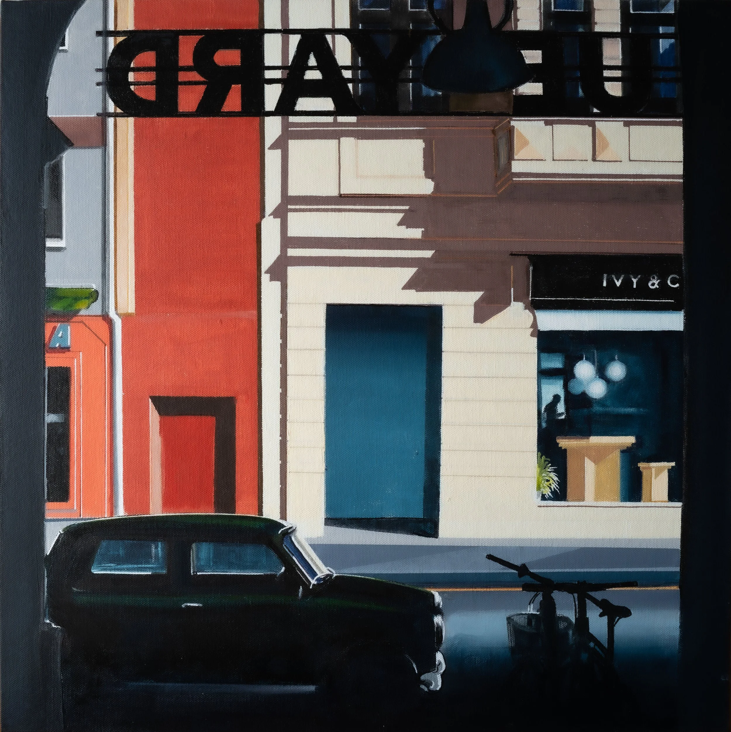 Nigel Bailey	"Blue Yard"

Acrylic on canvas board	

46cm x 46cm $2,950
