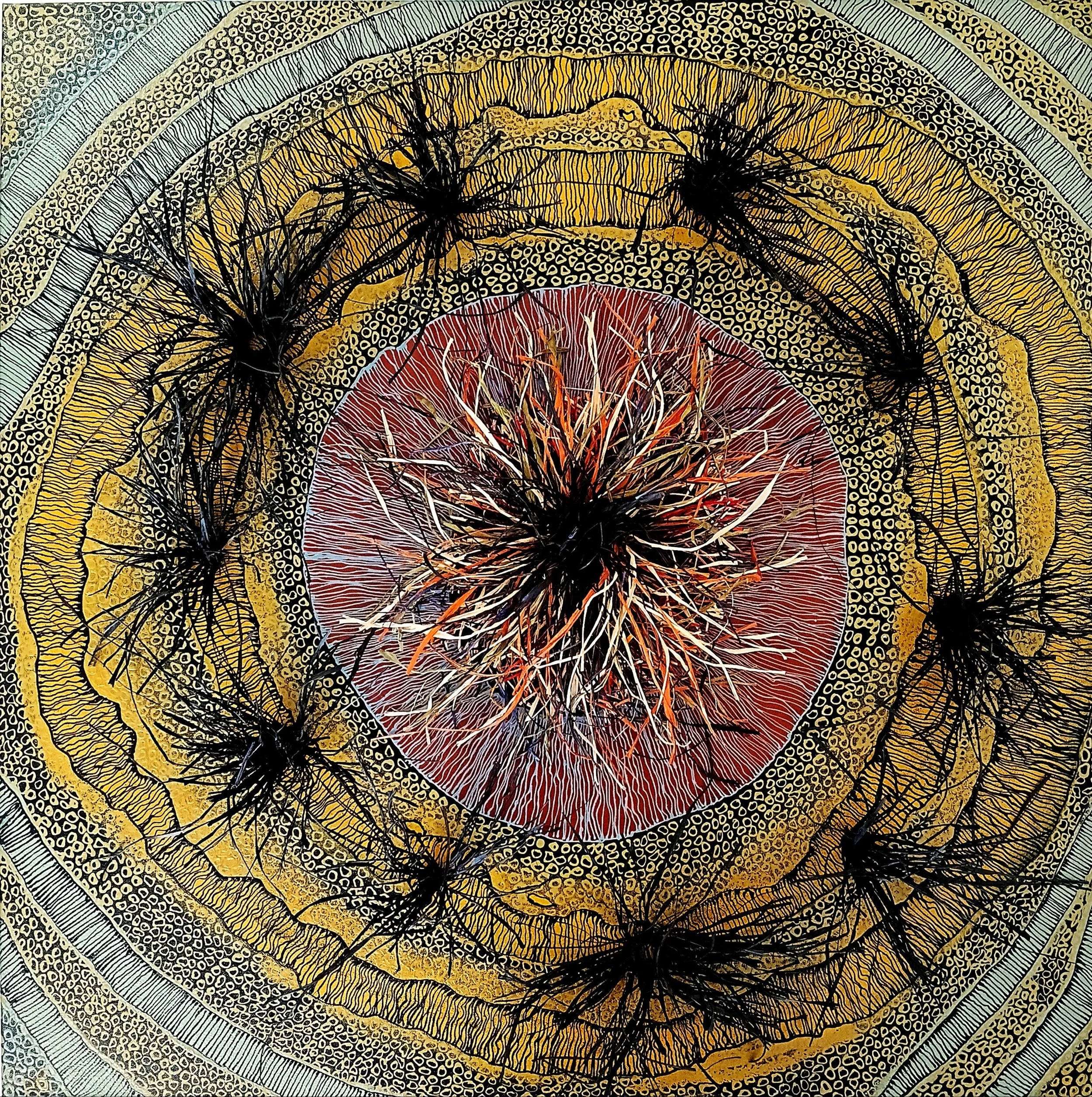 Maria De Vries "Bilyan Milaygins (Them There Waterhole Spirits)"

Acrylic with raffia weaving

92cm x 	92cm $5,000
