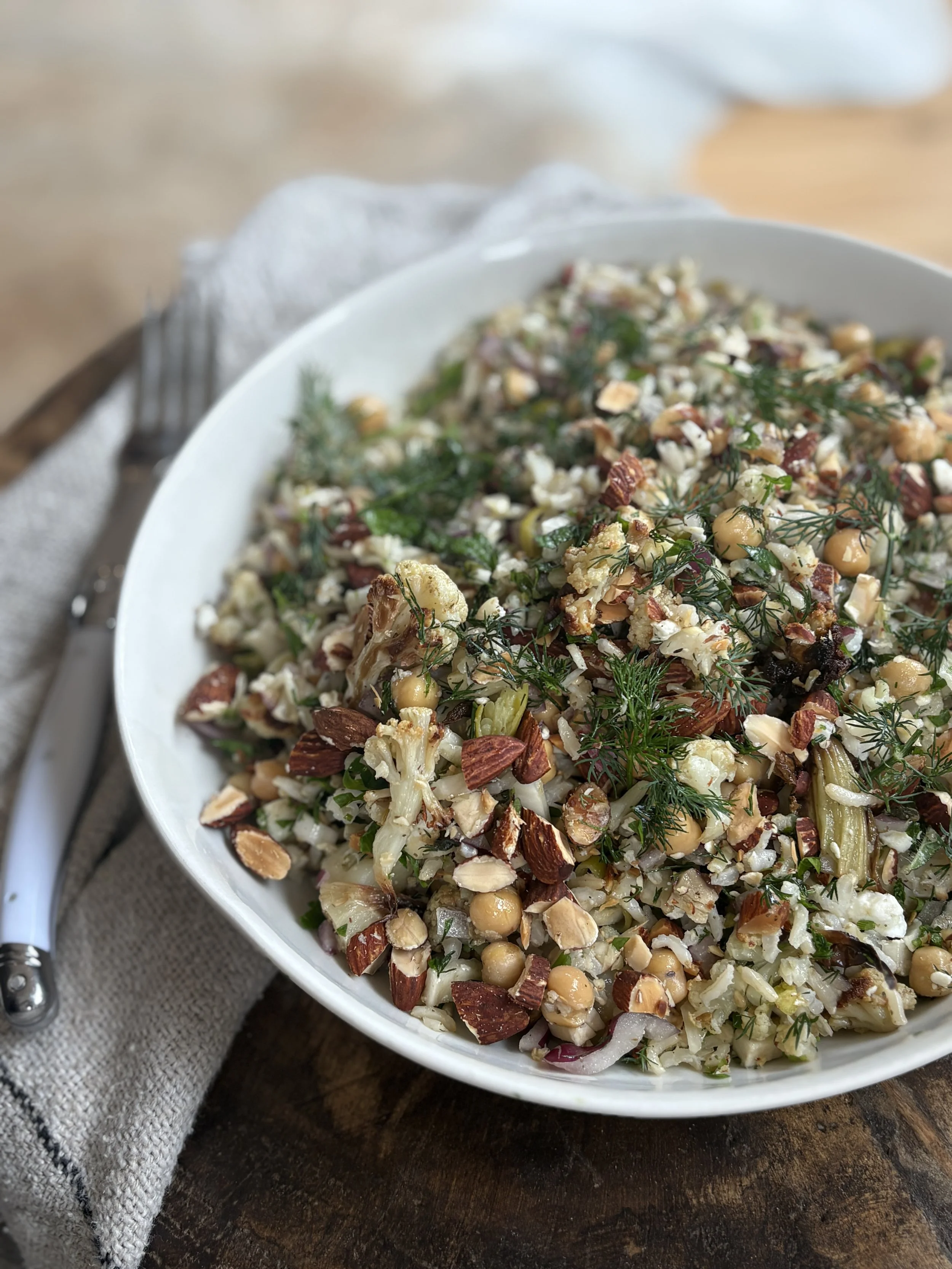 Za’atar roasted cauliflower &amp; rice salad with chick peas &amp; fennel