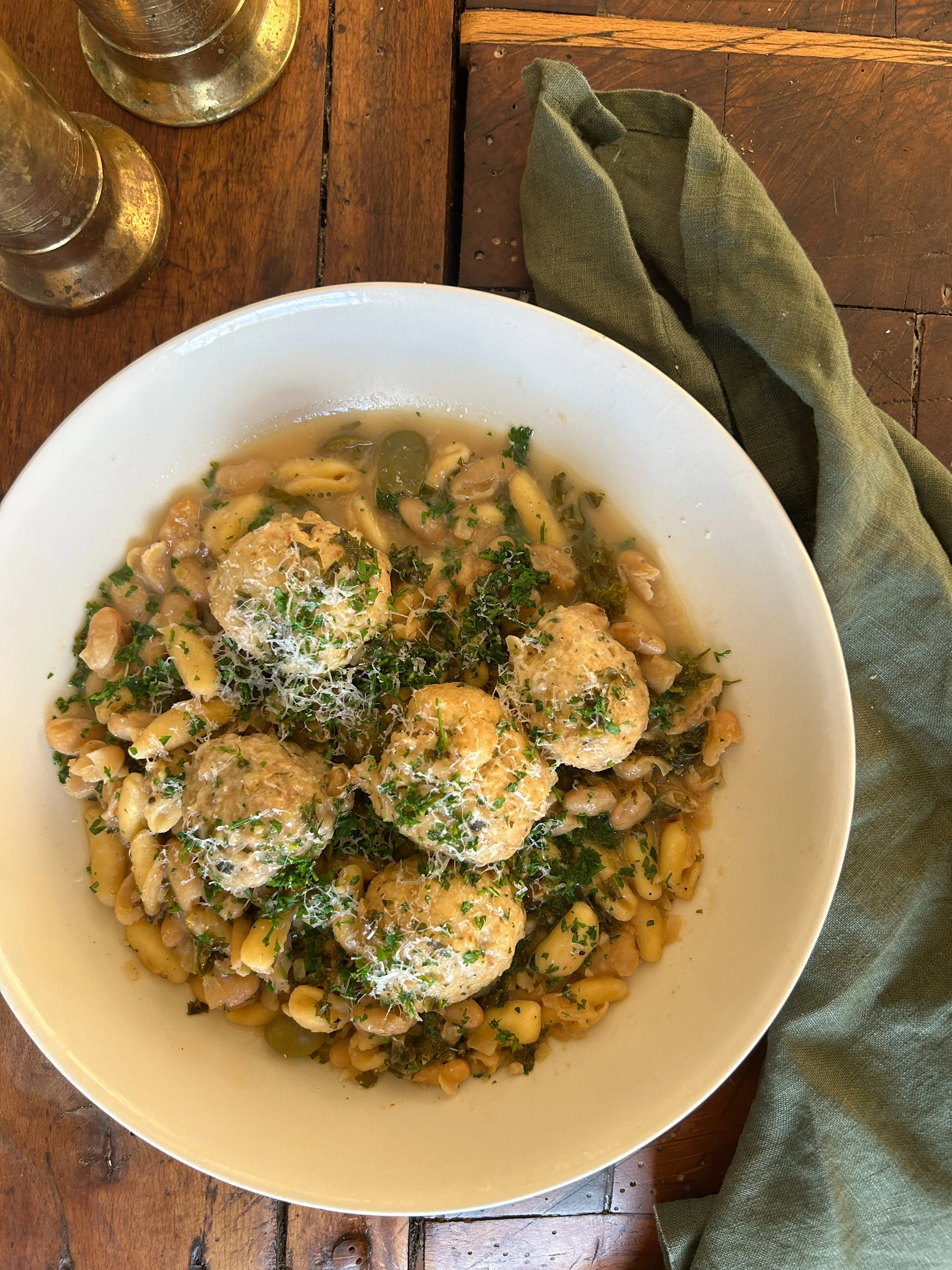 Braised white beans with chicken meatballs and cavatelli