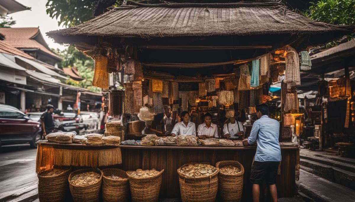 A busy street scene in Ubud, Bali with a vendor of Krupuk, or rice crackers