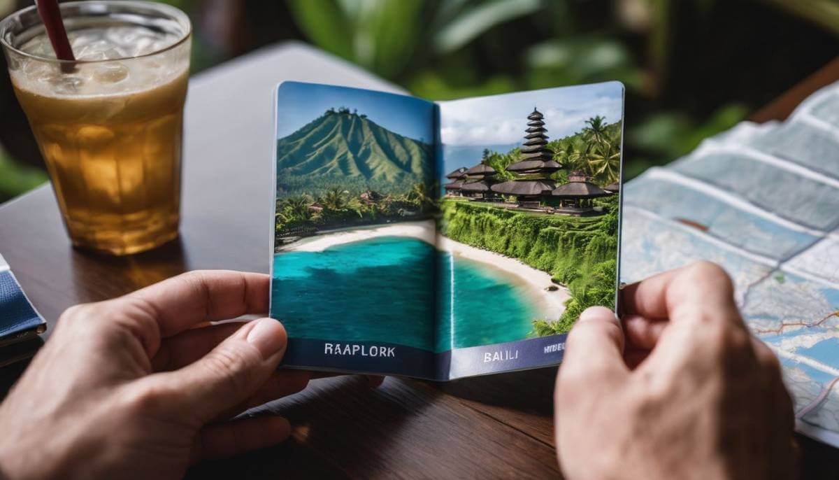 A traveler planning a trip to Bali with an iced coffee, maps and passport