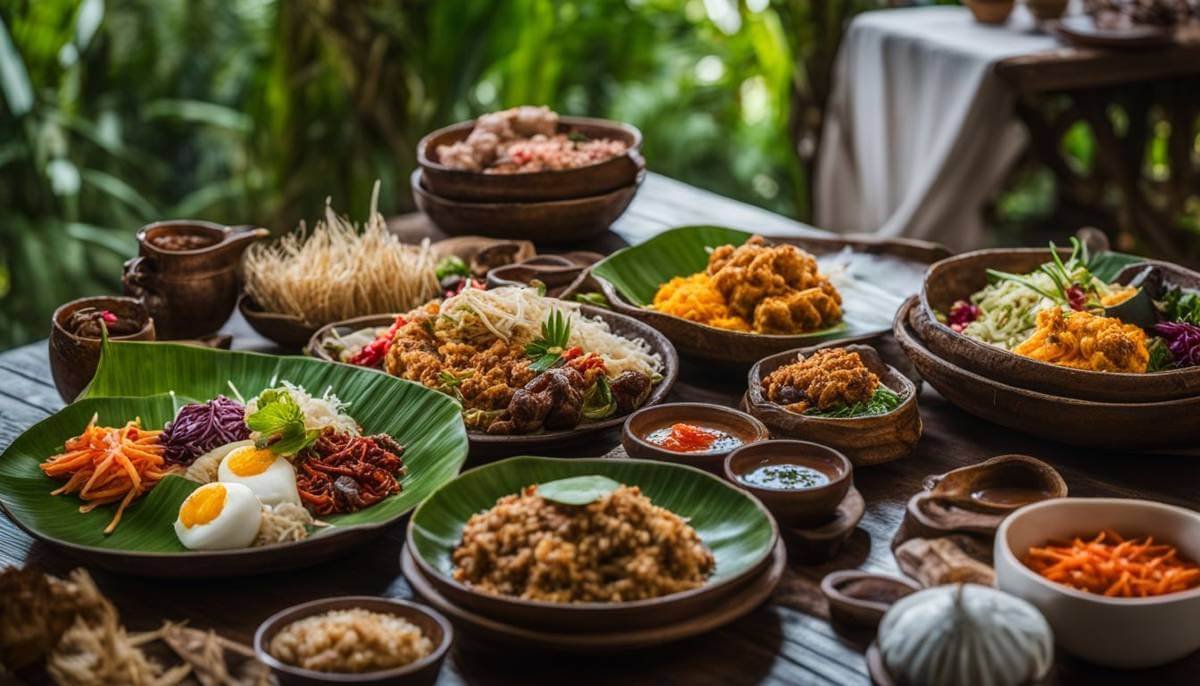 A Balinese feast including nasi campur, yellow rice, sambals and pickles on an outdoor terrace