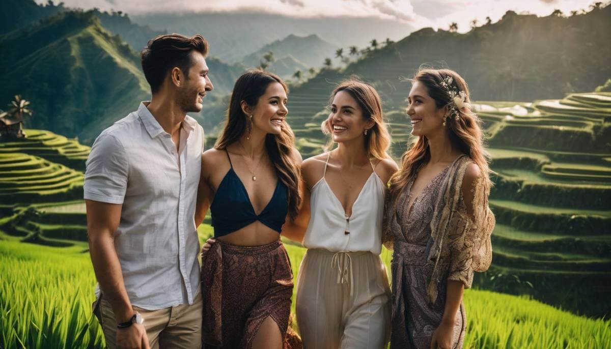 Two couples exploring Bali's rice terraces in East Bali on a day tour