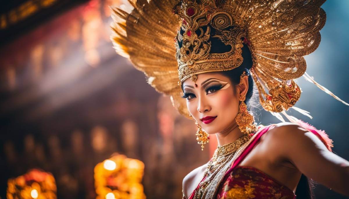 A Balinese dancer imagined in a temple setting with ethereal light streaming in