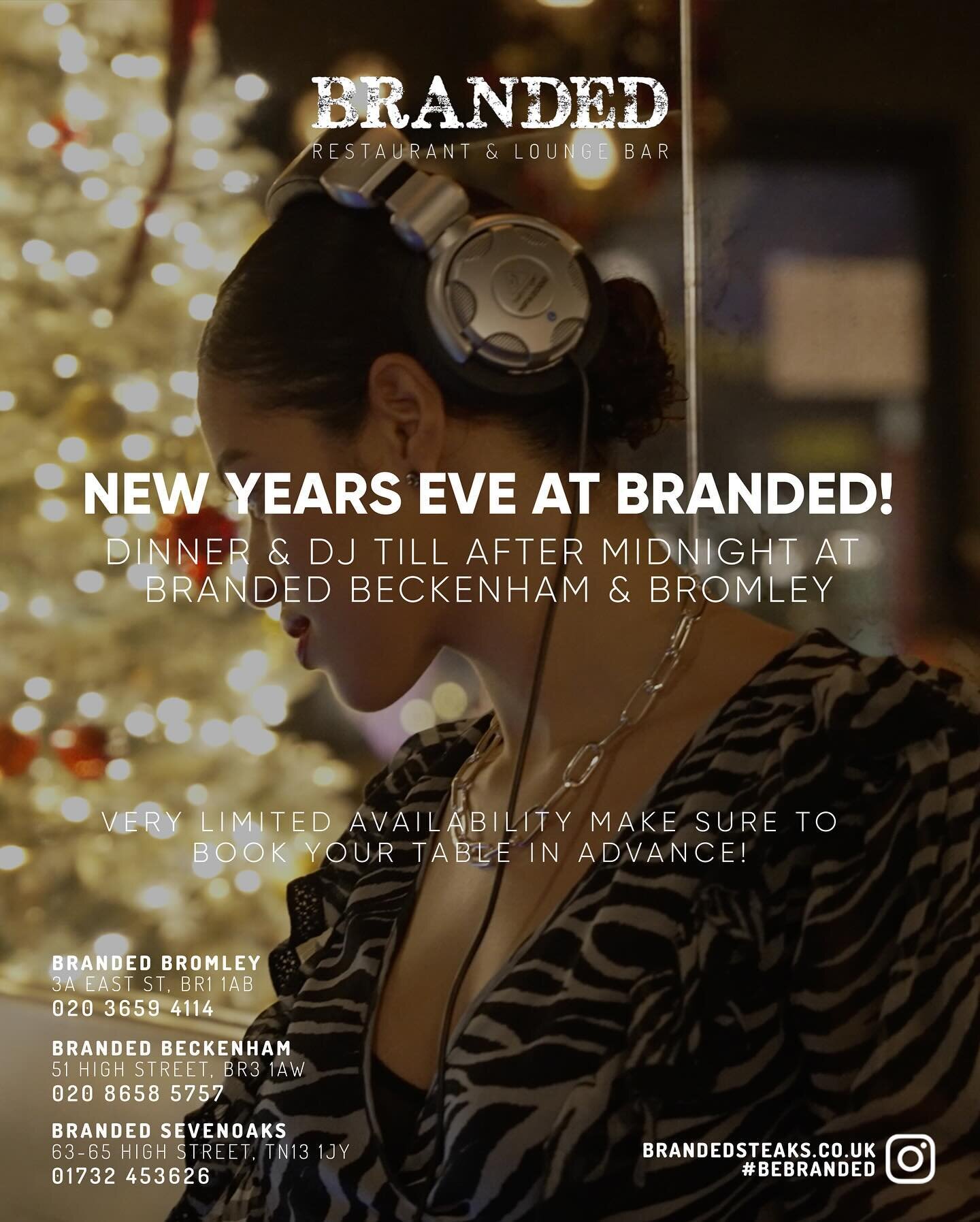 Celebrate New Year&rsquo;s Eve with us this year at Branded! ✨ Join us for an unforgettable night of DJ &amp; fine dining at both our Bromley and Beckenham locations. Our talented DJs will be live past midnight, creating the perfect ambiance for you 