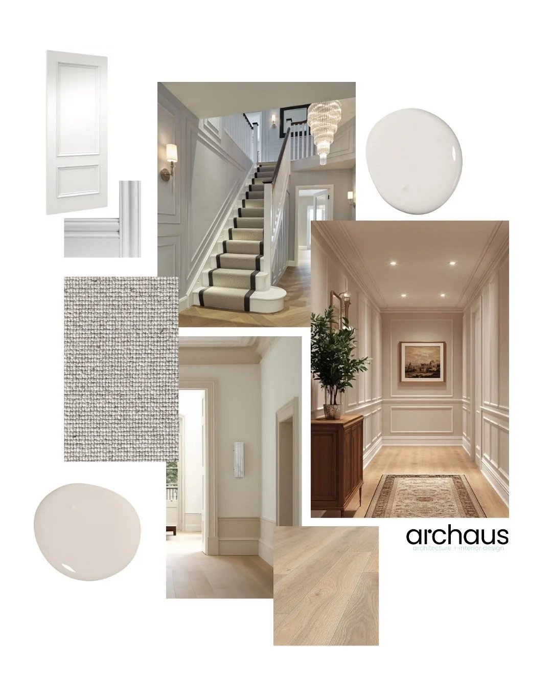 A calm and considered scheme for this hall, stairs, and landing. This moodboard explores a soft, neutral palette layered with deeper tones to add contrast and definition. The darker stair runner brings a sense of grounding and durability, while the s