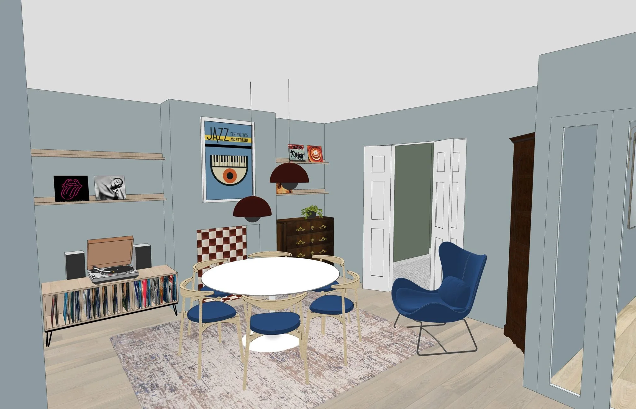 3D model views from a recently completed Extension Package in Churchtown. I was so delighted when these clients came to me. 

Their brief mentioned a love of records, art, and vintage furniture, all of which they wanted to be an integral part of the 
