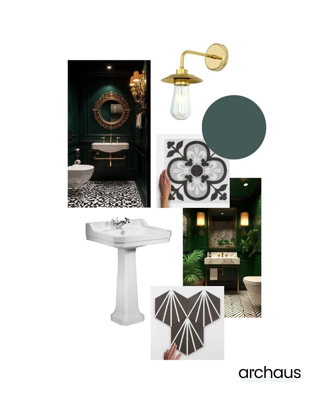 Two bathroom moodboards from a recent interior design project in Dalkey,  exploring two very different but complementary approaches within the same home.

The guest WC takes on a deep bottle green palette, paired with classic black and white floor ti